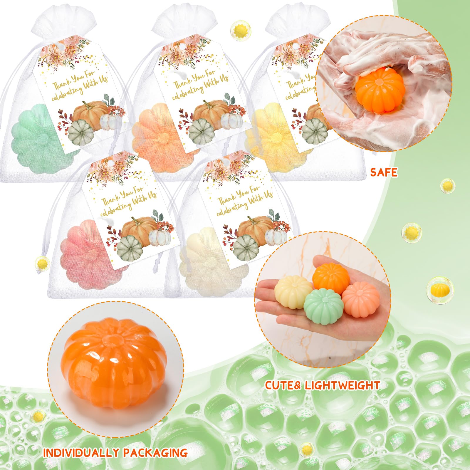 Leelosp 50 Set Thanksgiving Pumpkin Baby Shower Soap Favors Mini Pumpkin Baby Shower Favors Include Pumpkin Soap Thanks Cards Drawstring Gift Bags for Autumn Thanksgiving Day Party Decorations Gifts