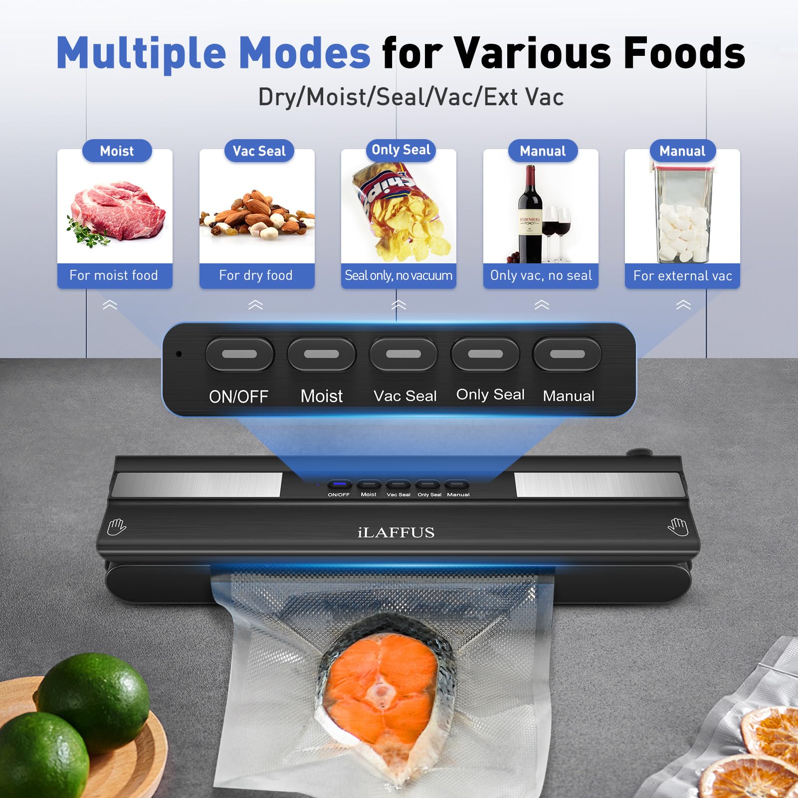 iLAFFUS Cordless Vacuum Sealer Rechargeble Dry & Moist Modes Compact Design Powerful Multi-Functional Food Vacuum Sealer Machine with Cutter for Fruits Vegetables Meat Nuts