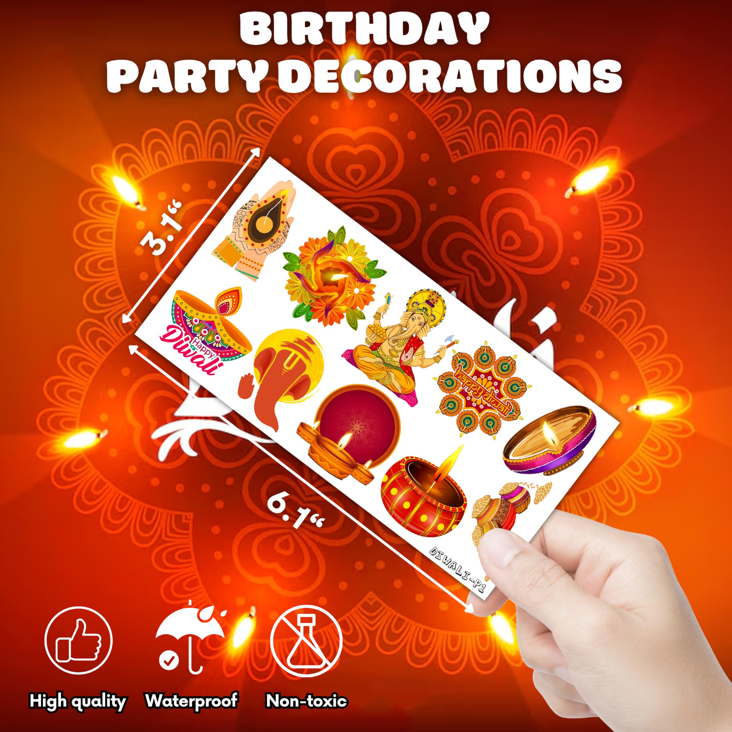 100 PCS Diwali Birthday Party Decorations Favors Supplies Temporary Tattoos Decor Happy Diwali Festival of Lights Candle Diya Lamp Stickers For Boys Girls Gift School Prizes Rewards