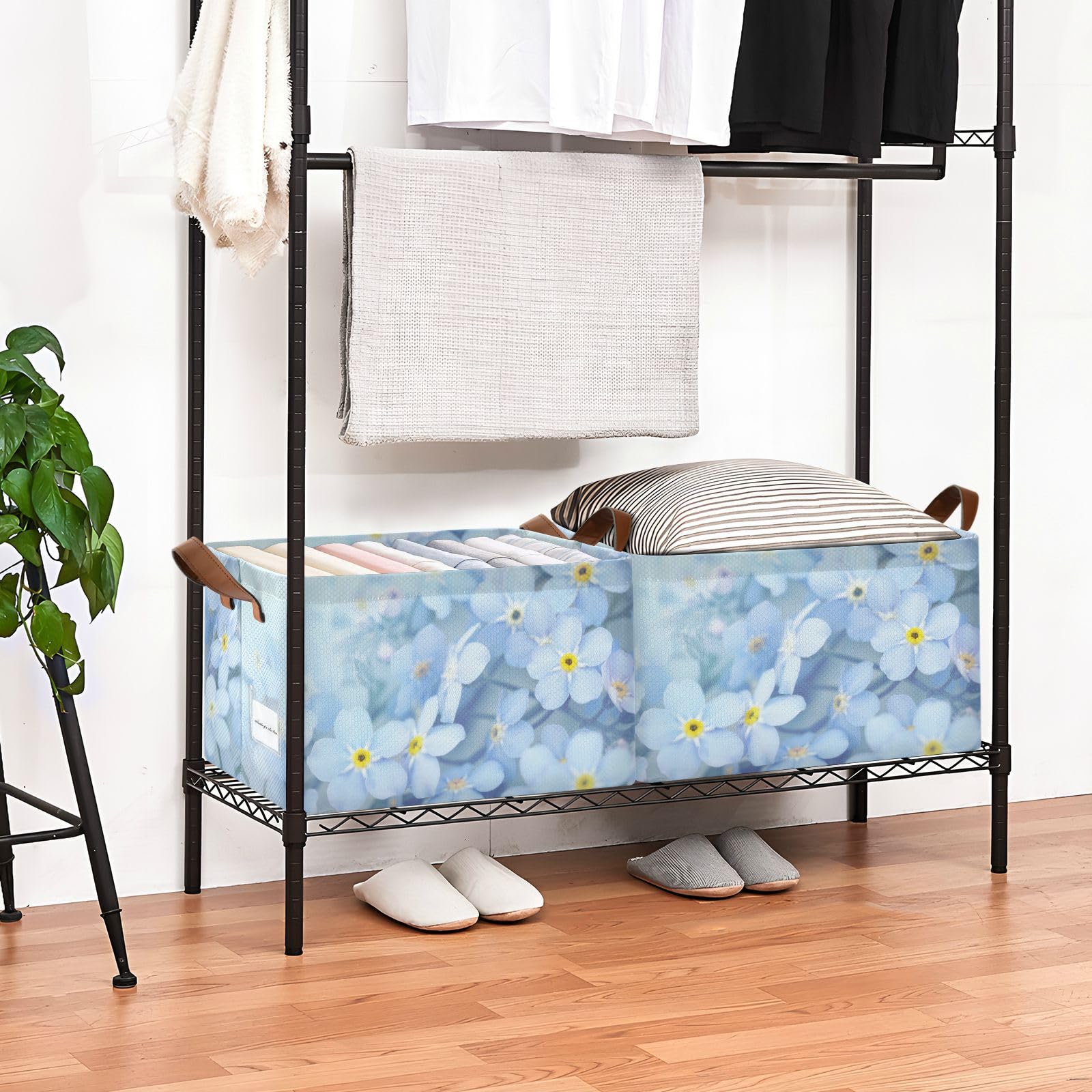 susiyo Blue Forget Me Nots Flowers Storage Bins Fabric Closet Storage Baskets with Wire Support Frame and Handles- 1 Piece