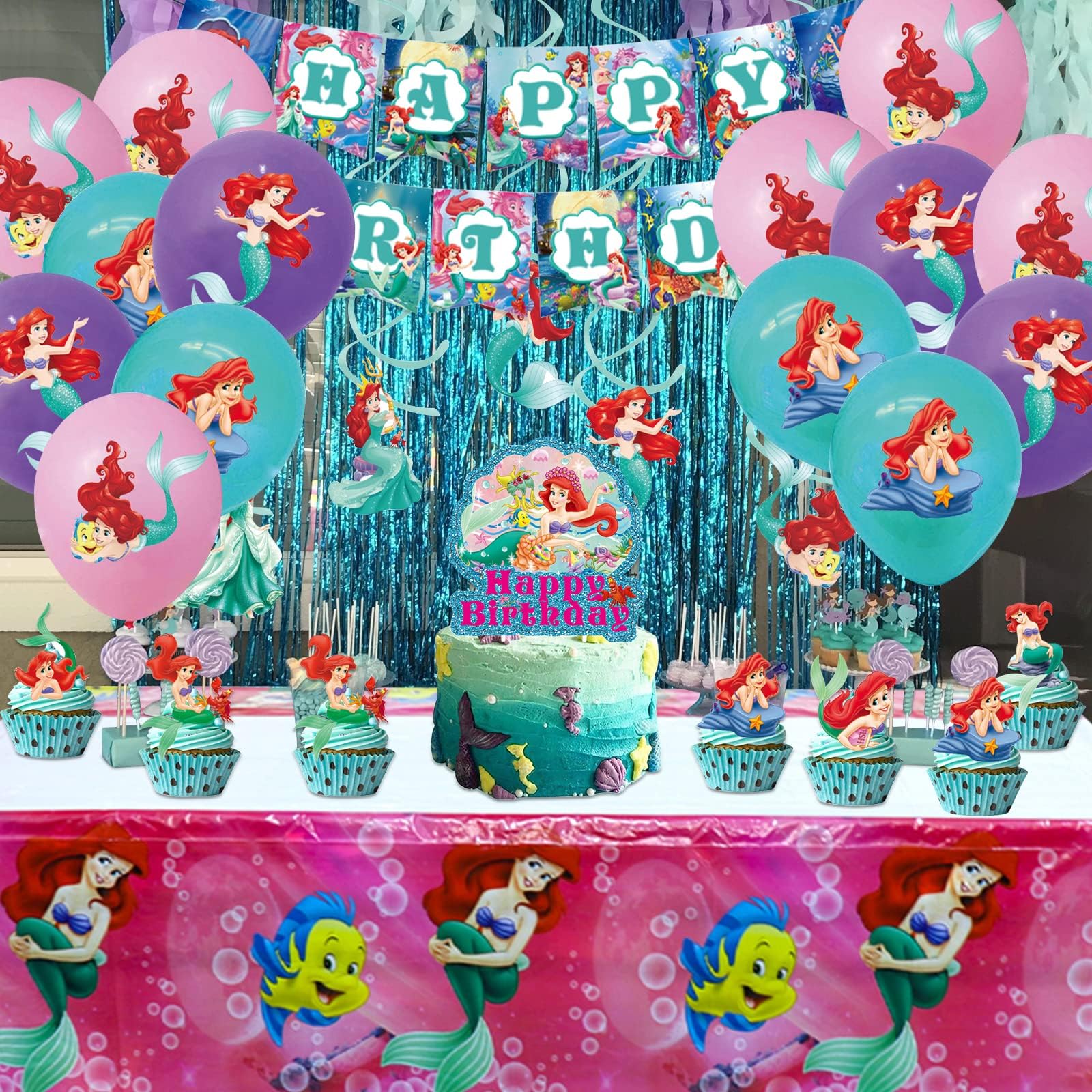 Ariel Birthday Party Supplies, Party Decorations Set Include Banner, Tablecloth, Balloons, Hanging Swirls, Cake Cupcake Toppers for Girls Little Mermaid Party Decorations