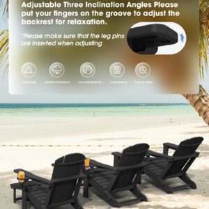 KINGYES Folding Adjustable Adirondack Chair with Retractable Ottoman Set of 4, HDPE All Weather Chair with Cup Holder - Versatile Adirondack Chair, Black