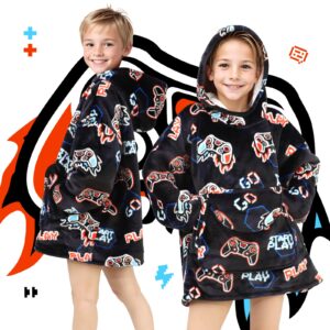 REXEO Wearable Blanket Hoodie for Kids Fleece Sweatshirt Blanket Gamer Gifts for Boys Girls Flannel Hooded Blanket with Pocket and Sleeves for Kids