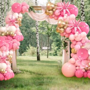 161pcs Pink Balloons Arch Kit, Pastel Macaron Pink and Gold White Balloons With 3pcs Starburst Foil Balloons for Birthday Baby Shower Bridal Shower Wedding Valentine’s Party Decorations