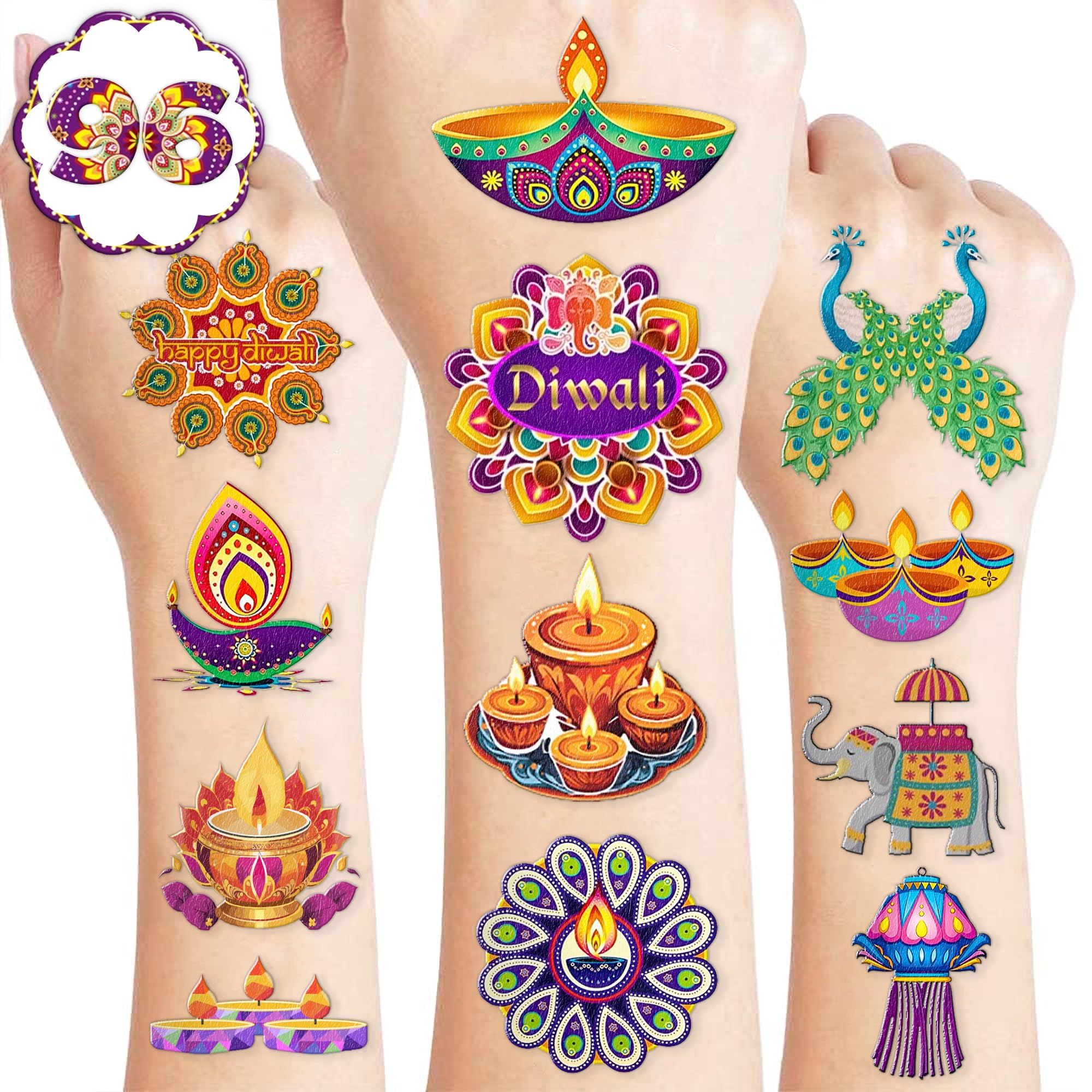 100 PCS Diwali Birthday Party Decorations Favors Supplies Temporary Tattoos Decor Happy Diwali Festival of Lights Candle Diya Lamp Stickers For Boys Girls Gift School Prizes Rewards