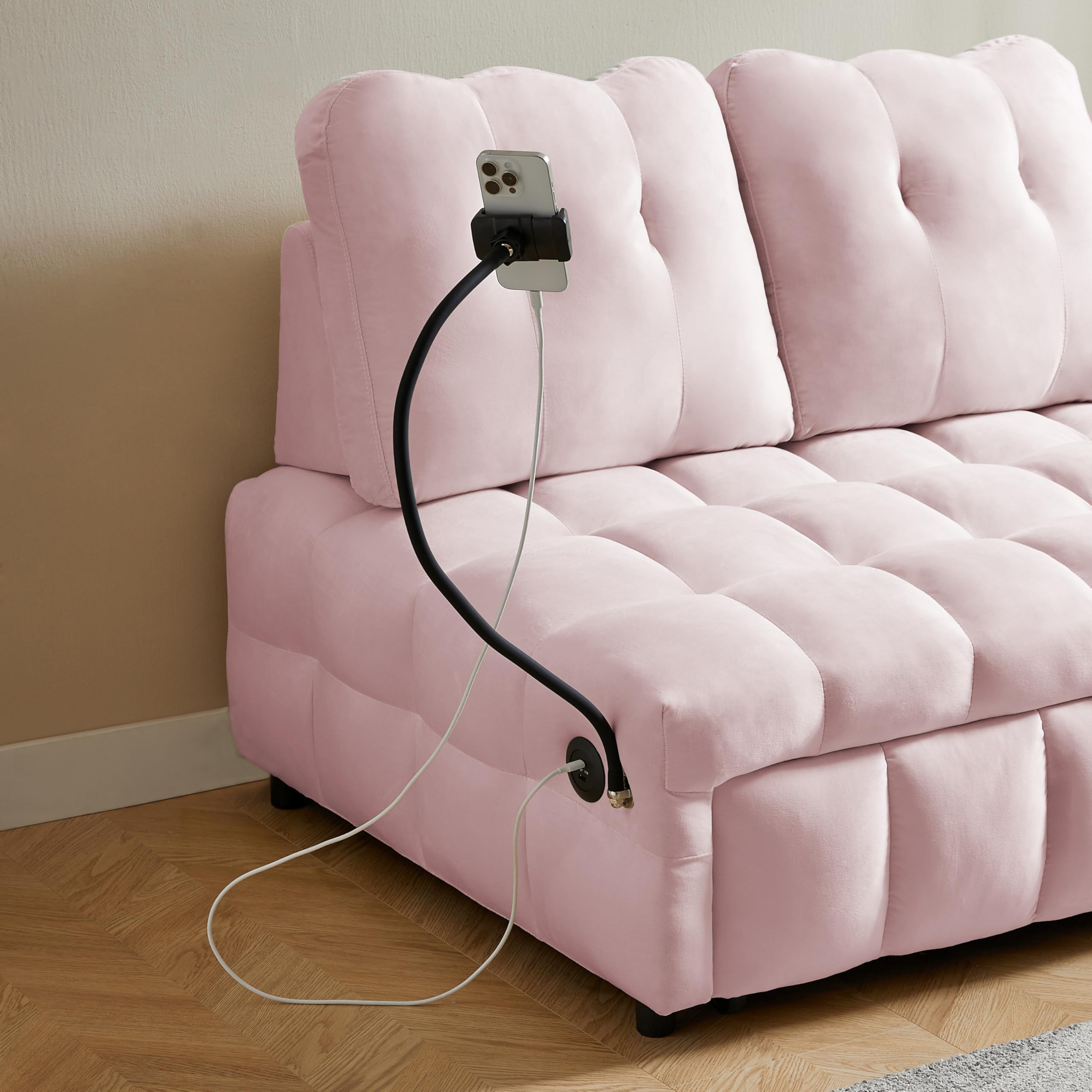 ECKF 3 in 1 Velvet Loveseat Pull-out Sofa Couch w/Pullout Bed, Convertible Sleeper Sofa Bed w/Removable Backrest, Love Seat Lounge Sofa w/Have USB Port and Swivel Phone Stand for Living Room (Pink)