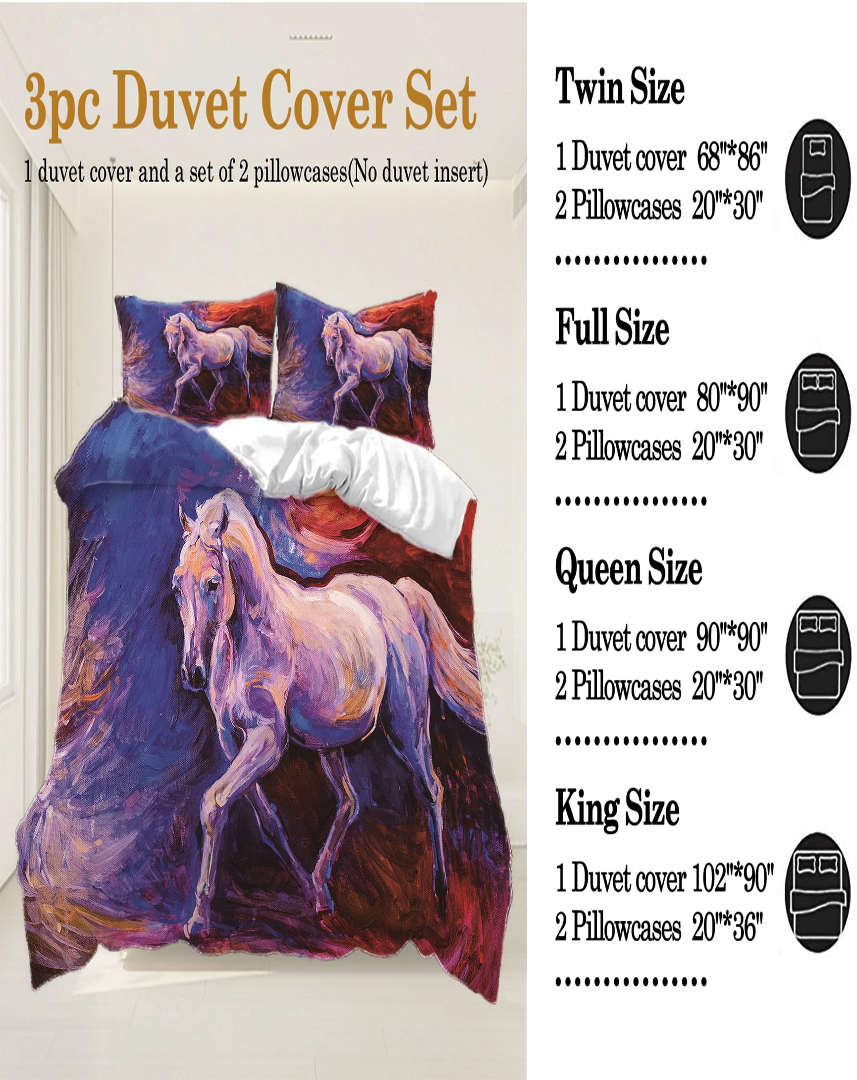 EIANLAI Horse Bed Duvet Cover Set, Wild Animal Themed Bed 3 Piece Duvet Cover Set for Kids, Teens, Boys, Girls Room Decor, includes 1 Duvet Cover and 2 Pillow Cases - Queen