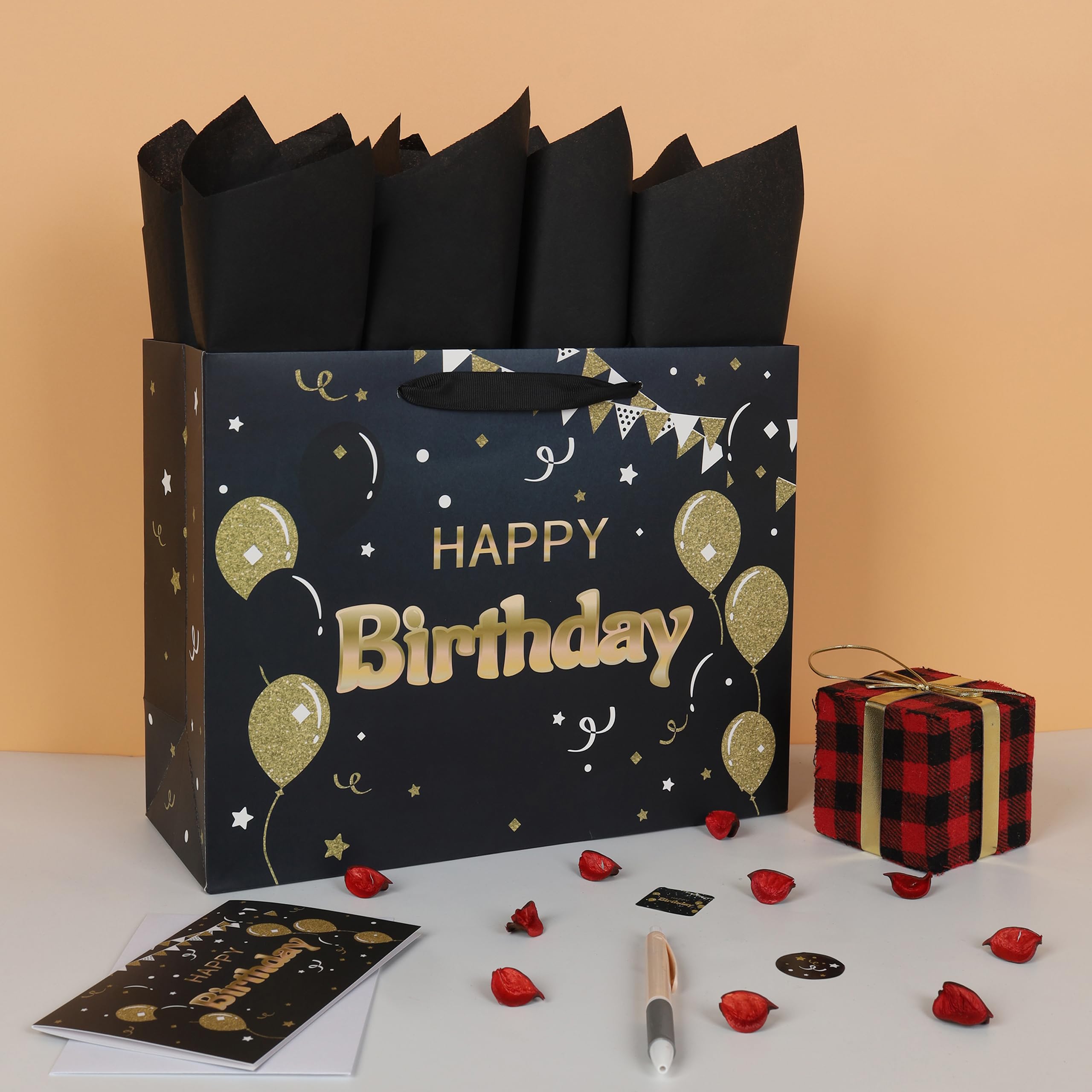 13” Large Black Happy Birthday Gift Bag Set with Handles, Greeting Card, Tissue Papers and Stickers for Women Girls Men Boys, Balloons Design, 1 Pcs