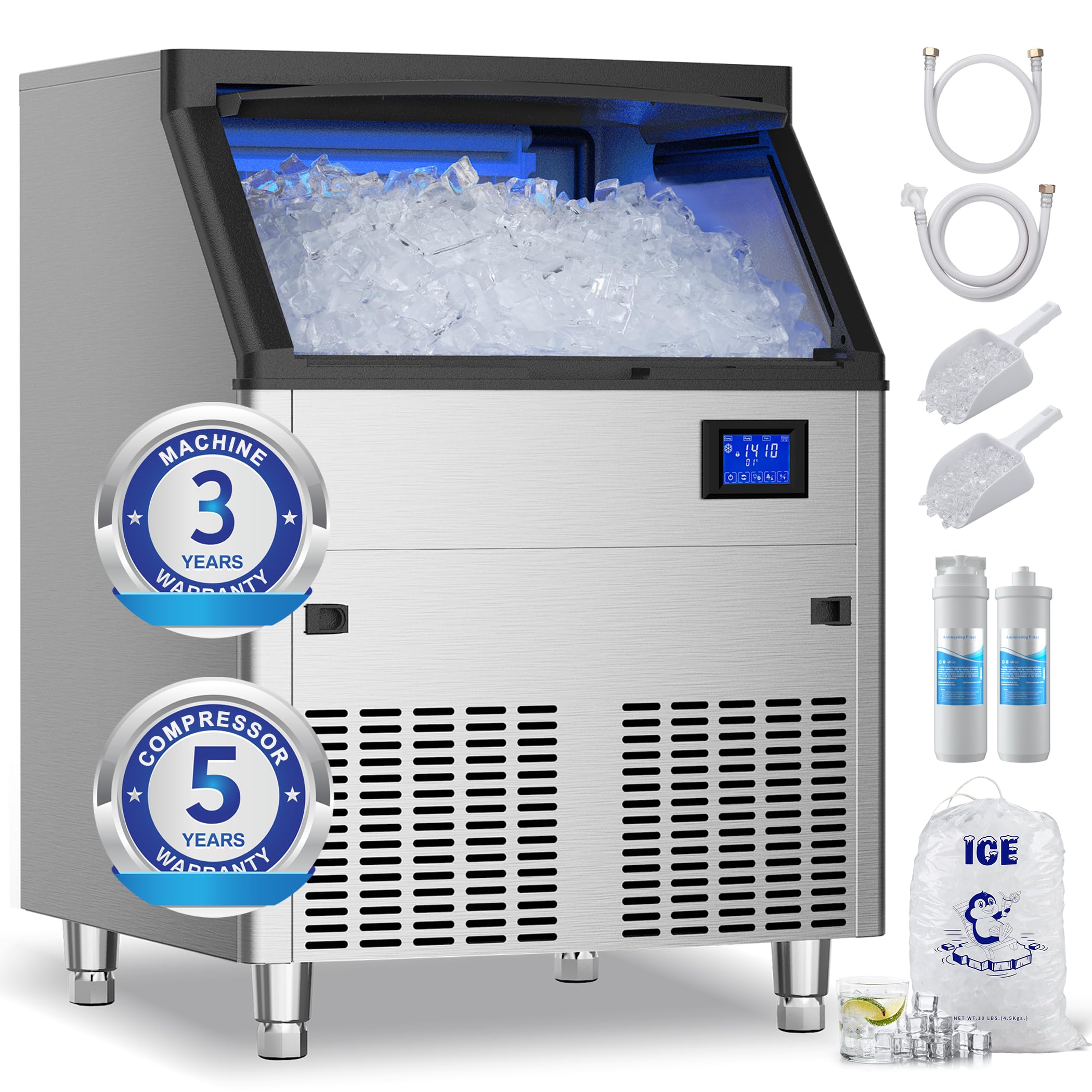 Coolake Commercial Ice Maker Machine 320lbs/24H with 120lbs Storage, Stainless Steel Under Counter Freestanding Ice Maker, Water Filter Reduce Scale up to 99% for Home Bar Restaurant, ETL Approval