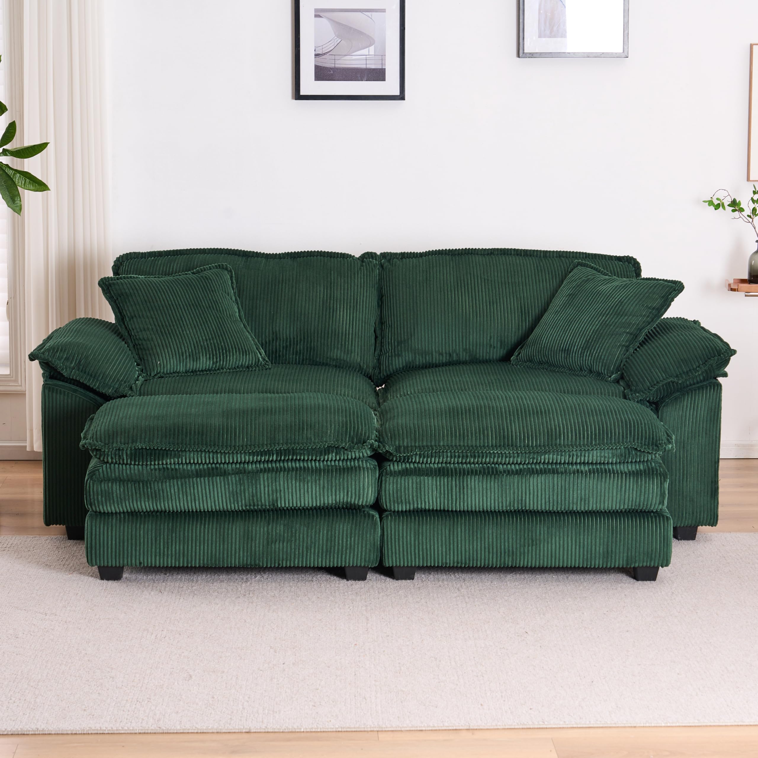 JURMALYN 84.6'' Corduroy Sectional Sofa with Chaise Lounge, Luxury Sofa Bed Lazy Sofa Loveseat Sofa with Ottoman Sleeper Sectional Sofa Daybed for Living Room Apartment, Green