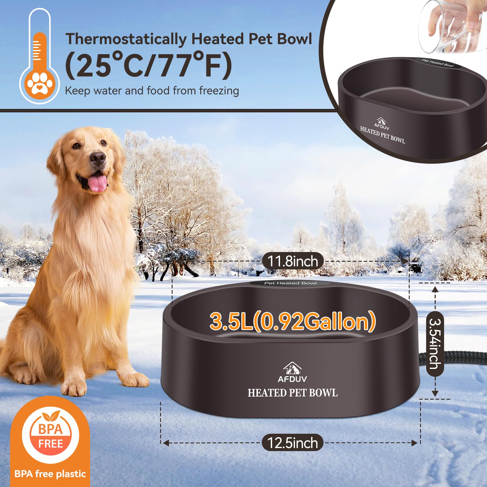 Heated Water Bowl for Dogs Cats Outdoor, 3.5L Heated Pet Bowl for Outside Dog Cat Duck Chickens Birds Waterer in Winter, Automatic Heated Dog Bowl Outdoor with Thermostatic Control and Anti Chew Cord