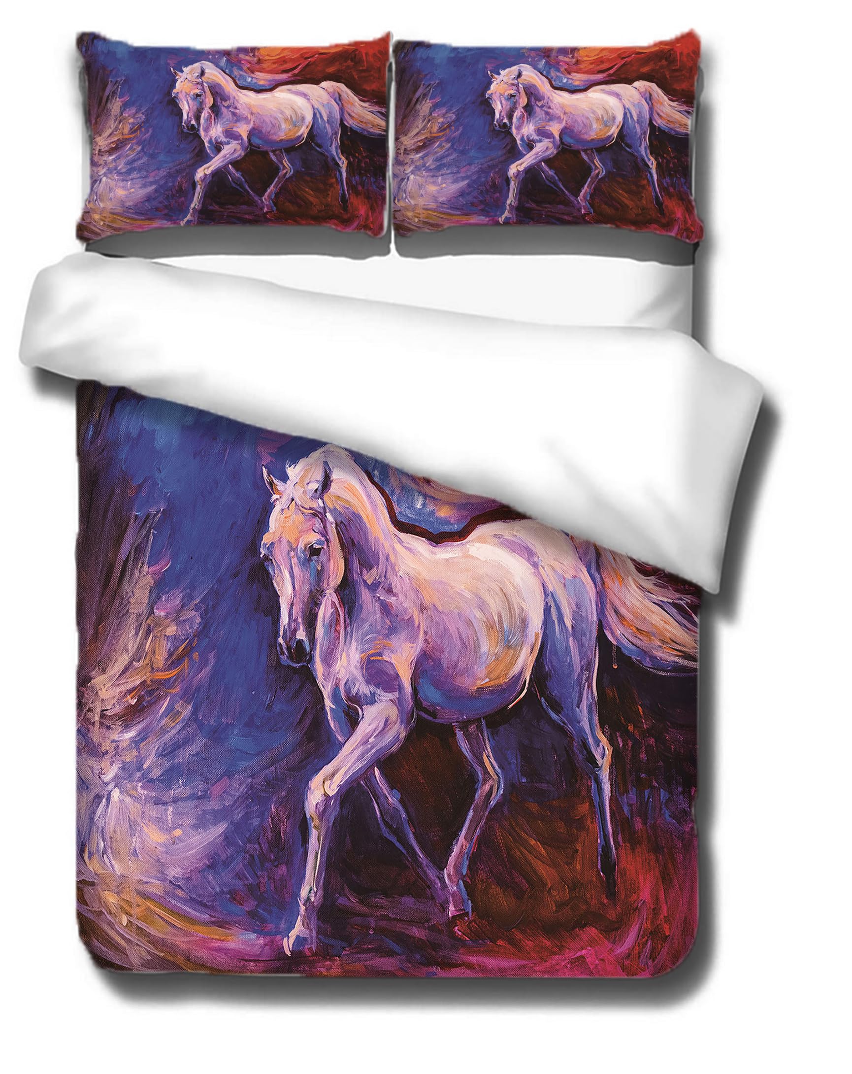 EIANLAI Horse Bed Duvet Cover Set, Wild Animal Themed Bed 3 Piece Duvet Cover Set for Kids, Teens, Boys, Girls Room Decor, includes 1 Duvet Cover and 2 Pillow Cases - Queen