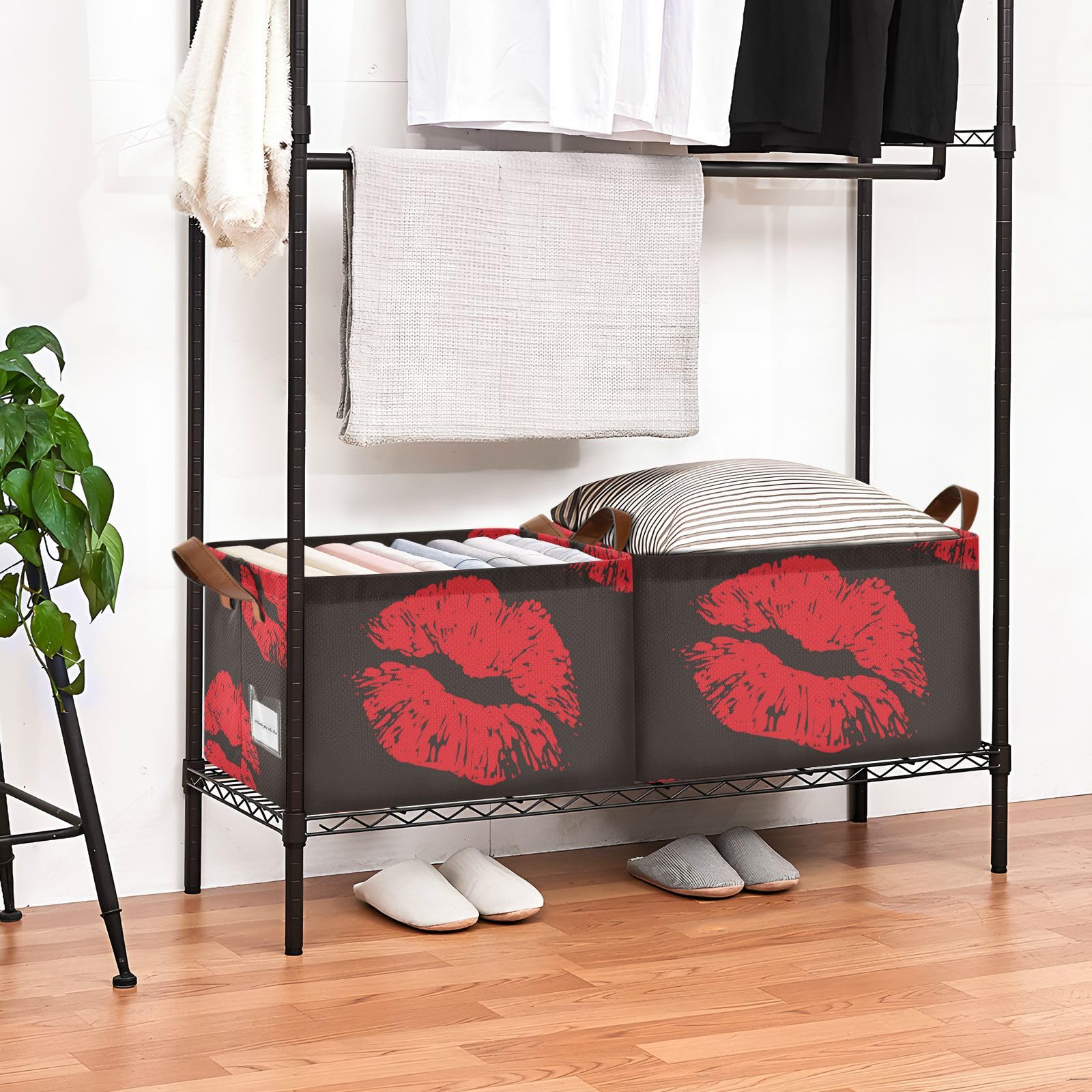 susiyo Red Lips Prints Storage Bins Fabric Closet Storage Baskets with Wire Support Frame and Handles- 1 Piece