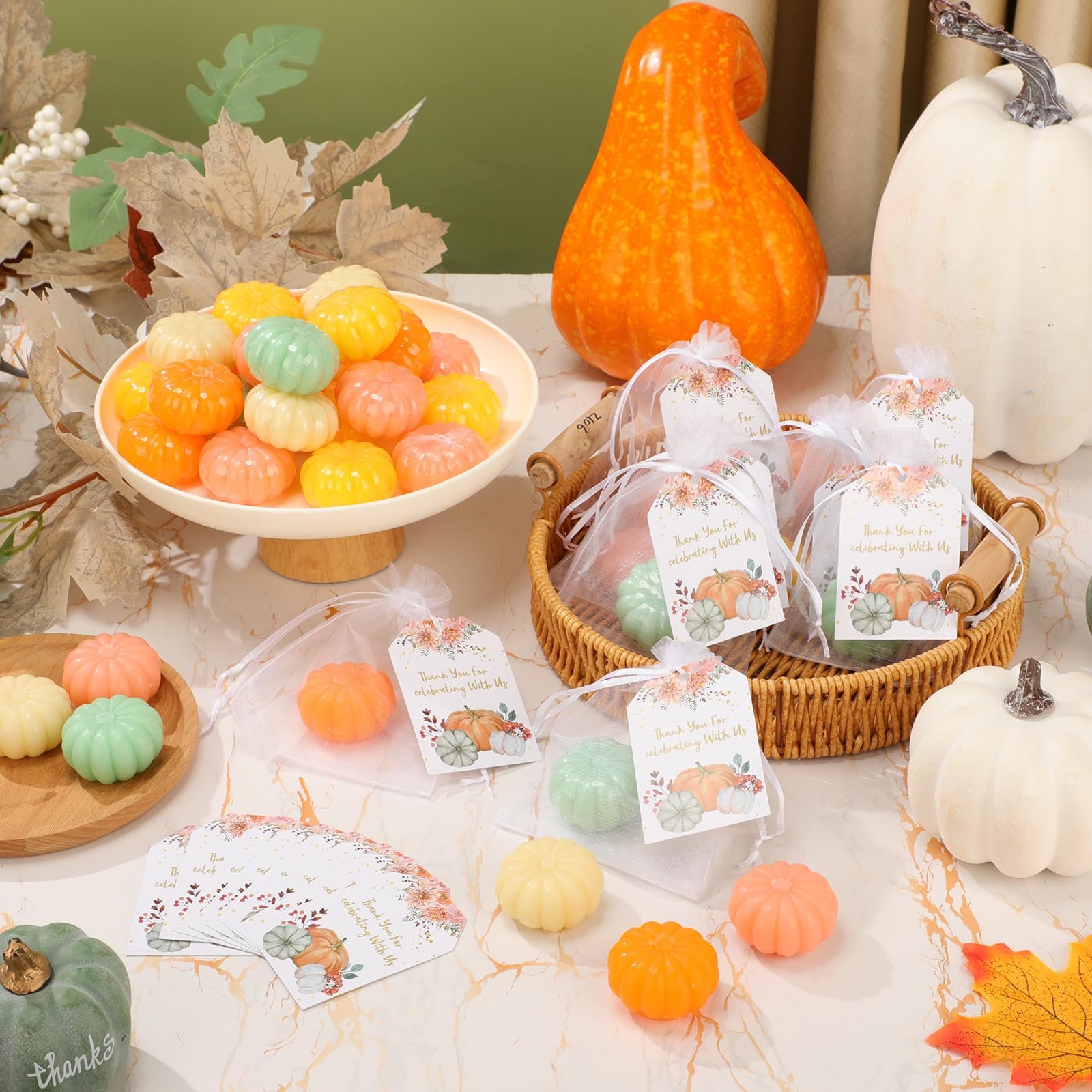 Leelosp 50 Set Thanksgiving Pumpkin Baby Shower Soap Favors Mini Pumpkin Baby Shower Favors Include Pumpkin Soap Thanks Cards Drawstring Gift Bags for Autumn Thanksgiving Day Party Decorations Gifts