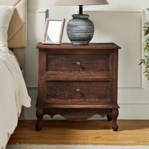 hulala home wood nightstand with charging station space, bedside table 2 drawer dresser with drawer and wooden legs, french storage end table for bedroom living room，walnut