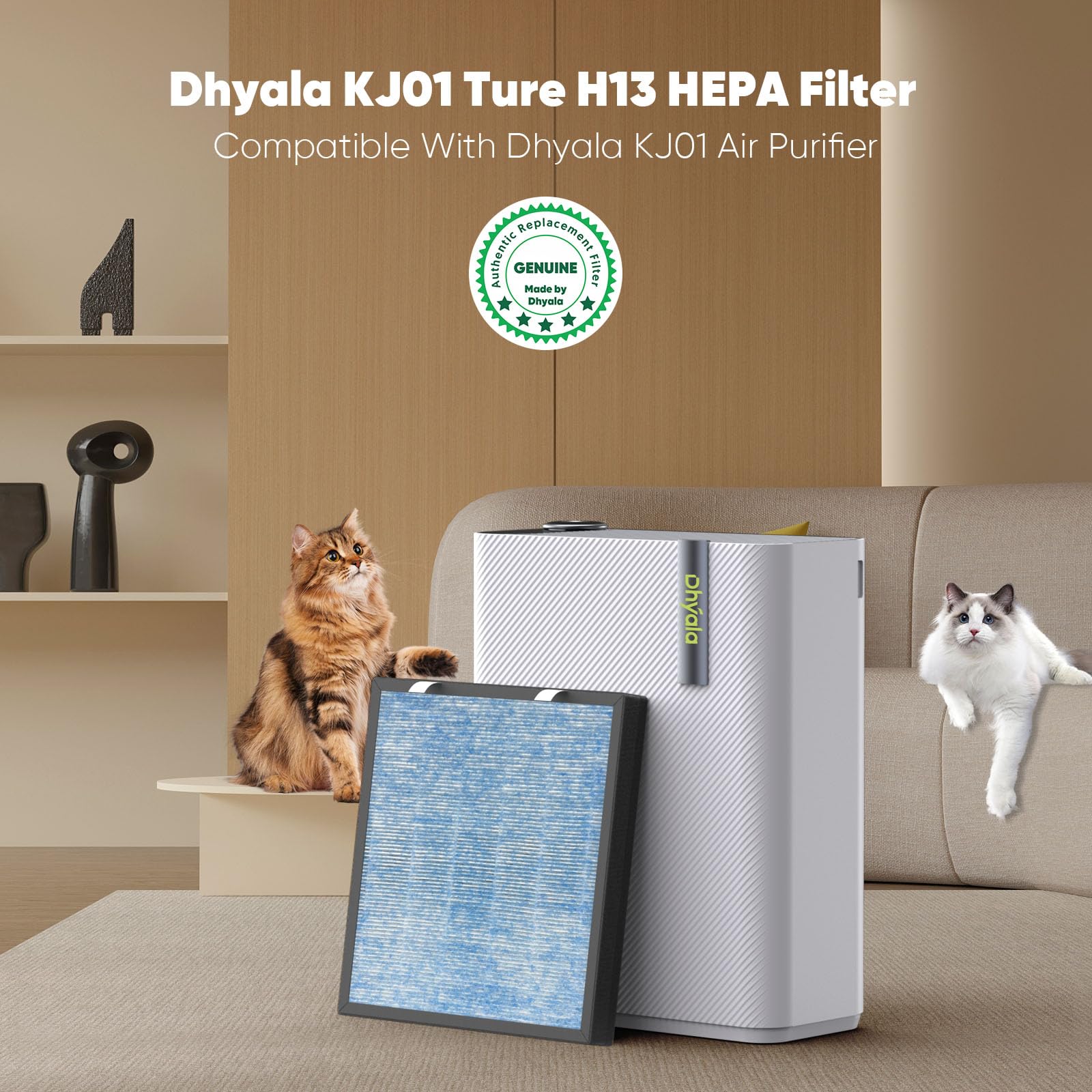 Dhyala KJ01 Air Purifier Replacement Filter, 3-in-1 H13 Grade True HEPA Filter for Dust Pollen Lint Pet Dander Smoke, 1 Pack, White