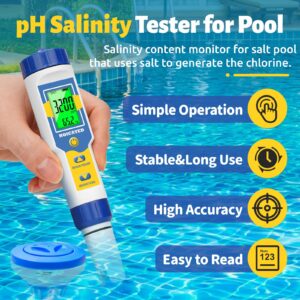 HOICATED Digital Salinity Tester for Saltwater Pool Salt Tester pH Meter for Swimming Pool Hot Tub Spa Koi Pond Aquarium PPM EC Meter for Hydroponic Nutrient TDS Meter for Drinking Water RO System