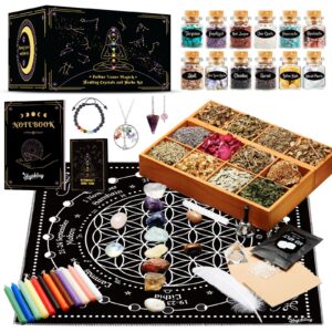 witchcraft supplies kit, 80pack witch starter kit wiccan supplies and tools witchy gifts for beginners, spell candles, chakra healing crystals and dried herbs for zodiac and lunar magick