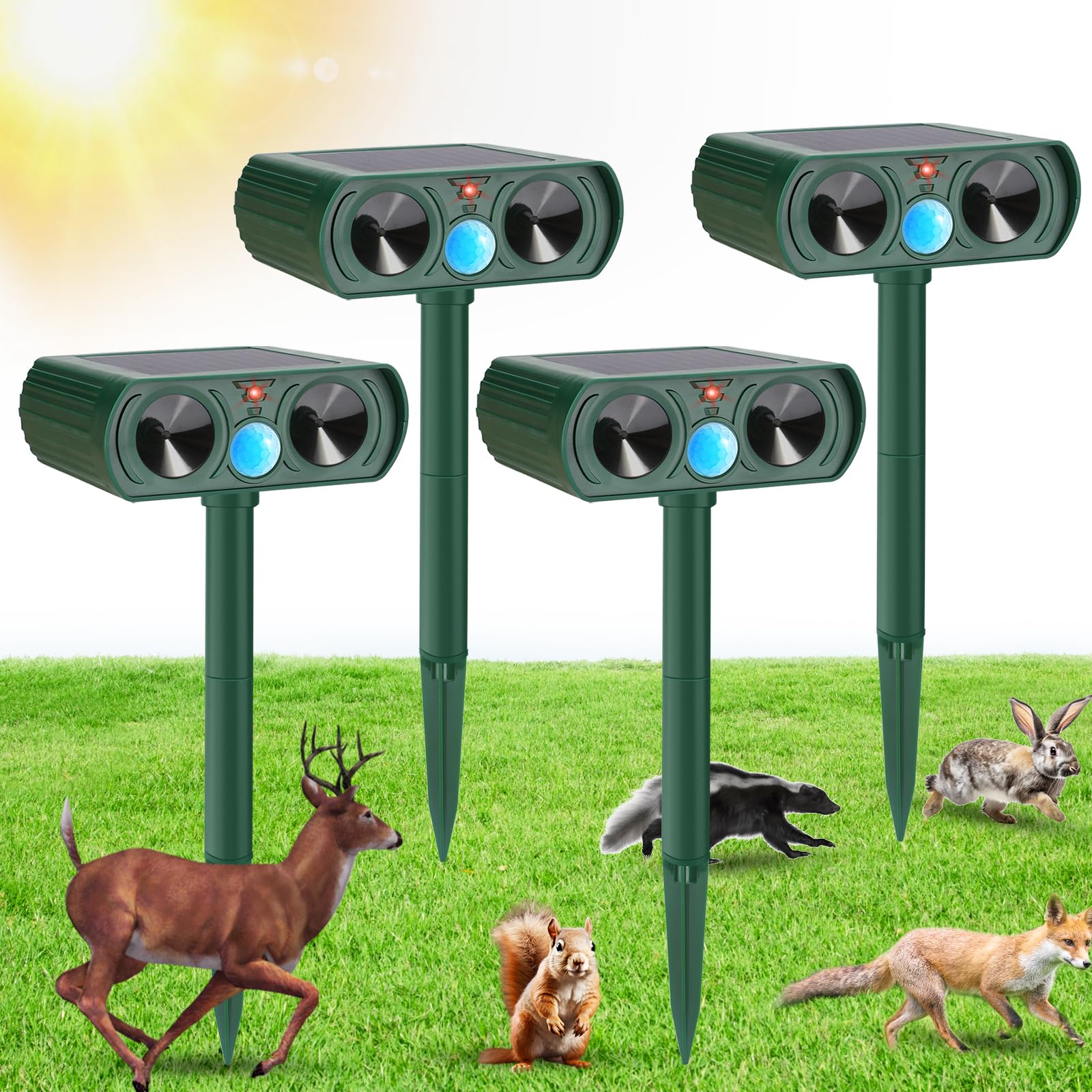 Pblovylu Pack of 4 Ultrasonic Animal Repellent Outdoor Solar Animal Repeller Deer Repellent Devices with Motion Sensor Animal Deterrent to Repel Cat Deer Squirrel Rabbit Dog Skunk for Yard Lawn