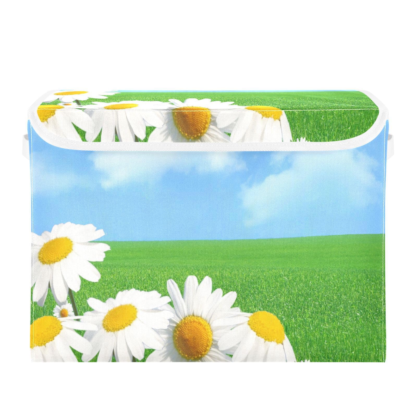 DIGTIA Field Of Daisies Storage Bins with Lids Green Meadow Foldable Storage Basket with Handles Collapsible Large Fabric Organizer Containers for Clothes Shelves Closet Office Home