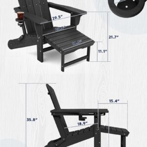 KINGYES Folding Adjustable Adirondack Chair with Retractable Ottoman Set of 4, HDPE All Weather Chair with Cup Holder - Versatile Adirondack Chair, Black