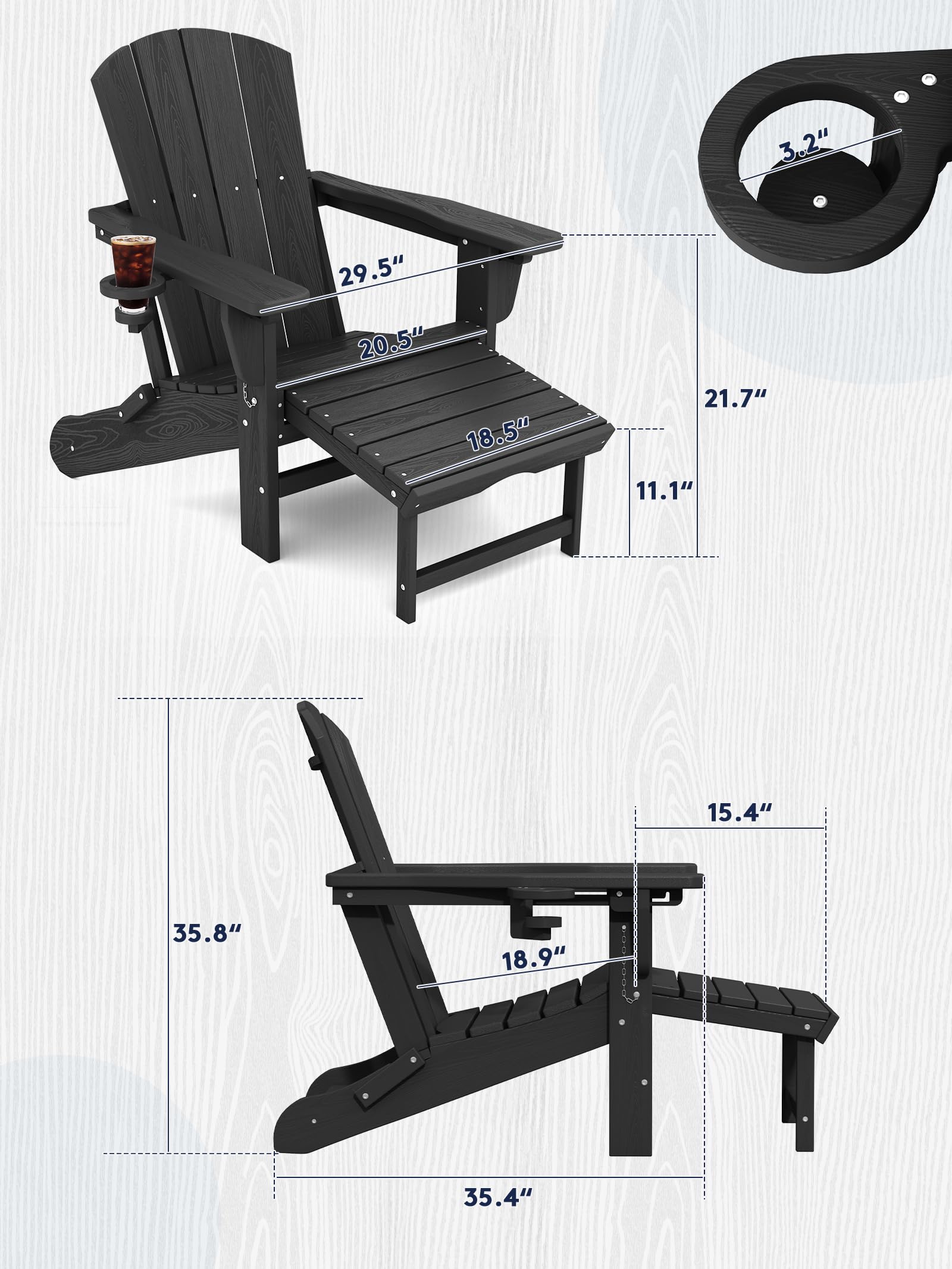 KINGYES Folding Adjustable Adirondack Chair with Retractable Ottoman Set of 4, HDPE All Weather Chair with Cup Holder - Versatile Adirondack Chair, Black