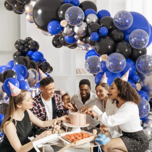 136pcs Blue and Black Balloons Garland Arch Kit, 18 12 10 5 Inch Black Royal Blue Silver Confetti Balloons Different Size Pack for Birthday Graduation New Year Eve Party Decoration