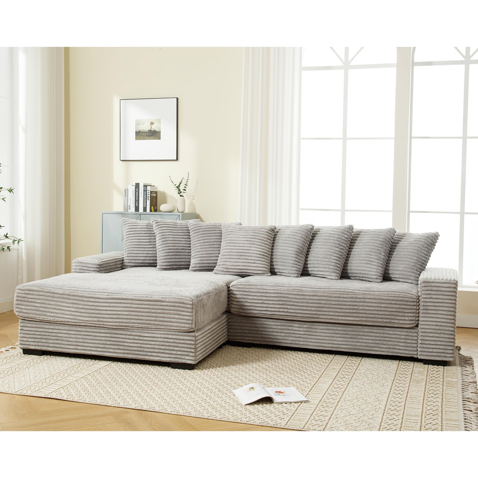 WILLIAMSPACE 111" Sectional Sofa Couch for Living Room, Modern Upholstered L-Shape Sofa 3 Seater Couch with Chaise & Pillows, Contemporary Corner Sofa for Apartment, Corduroy (Left-Facing,Gray)