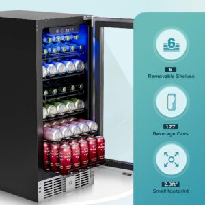 EUHOMY 15" Beverage Refrigerator Cooler Under Counter 125 Cans Built-in Beverage Fridge with Glass Door, LED Light, Beer Fridge for Soda, Water, Wine - Home Kitchen Bar.