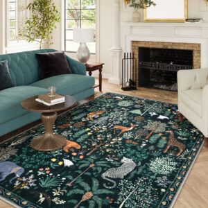 LEEVAN Jungle Area Rug Washable Christmas 6x9 Rug for Living Room, Low Pile Green Bedroom Rug Thick Abstract Animal Nursery Area Rug, Non Slip Carpet for Playroom