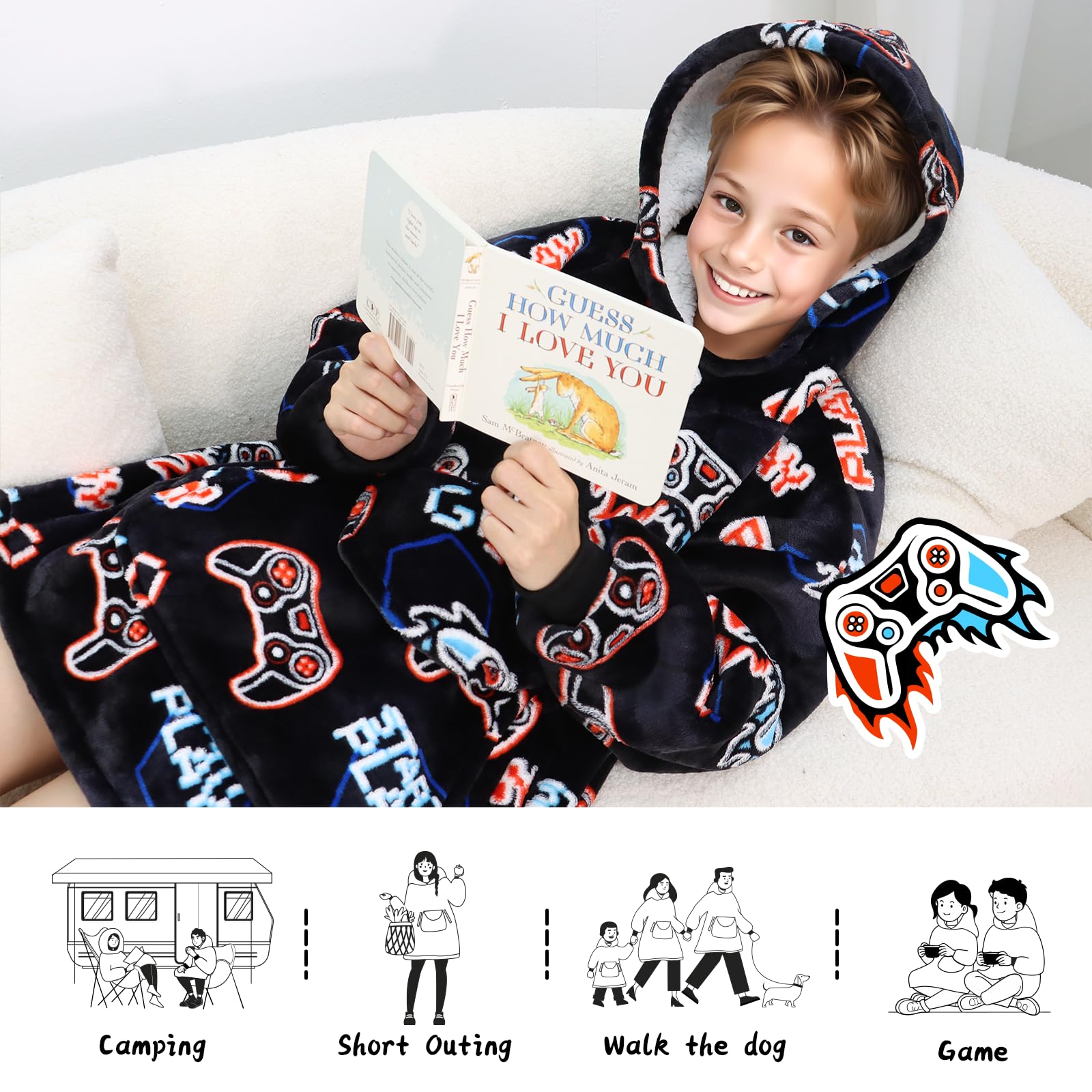 REXEO Wearable Blanket Hoodie for Kids Fleece Sweatshirt Blanket Gamer Gifts for Boys Girls Flannel Hooded Blanket with Pocket and Sleeves for Kids