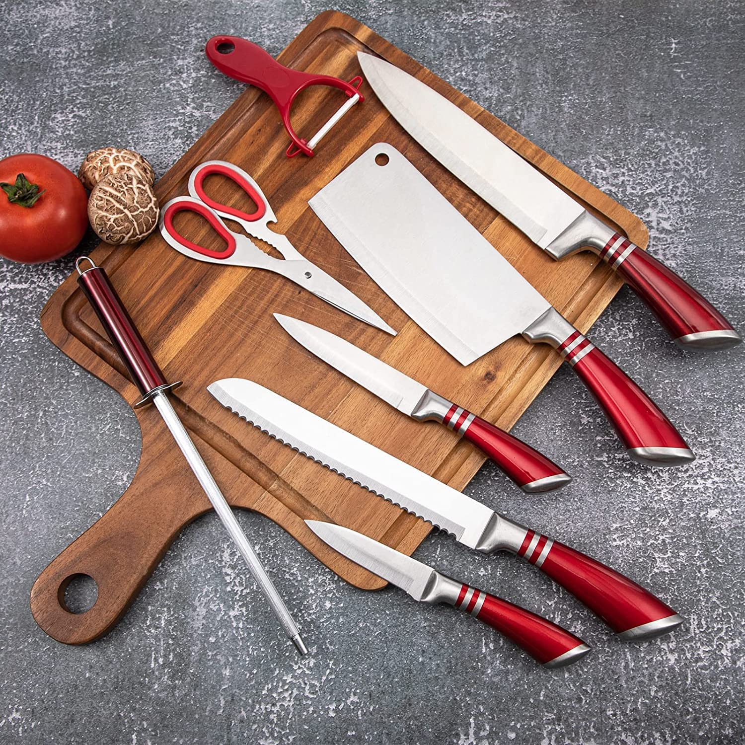 Kitchen Knife Set, 9-Piece Red Knife Set with Acrylic Block, Non Stick Sharp High Carbon Stainless Steel Chef Knife Set with Sharpener for Kitchen Cutting Kitchen Gifts for Women