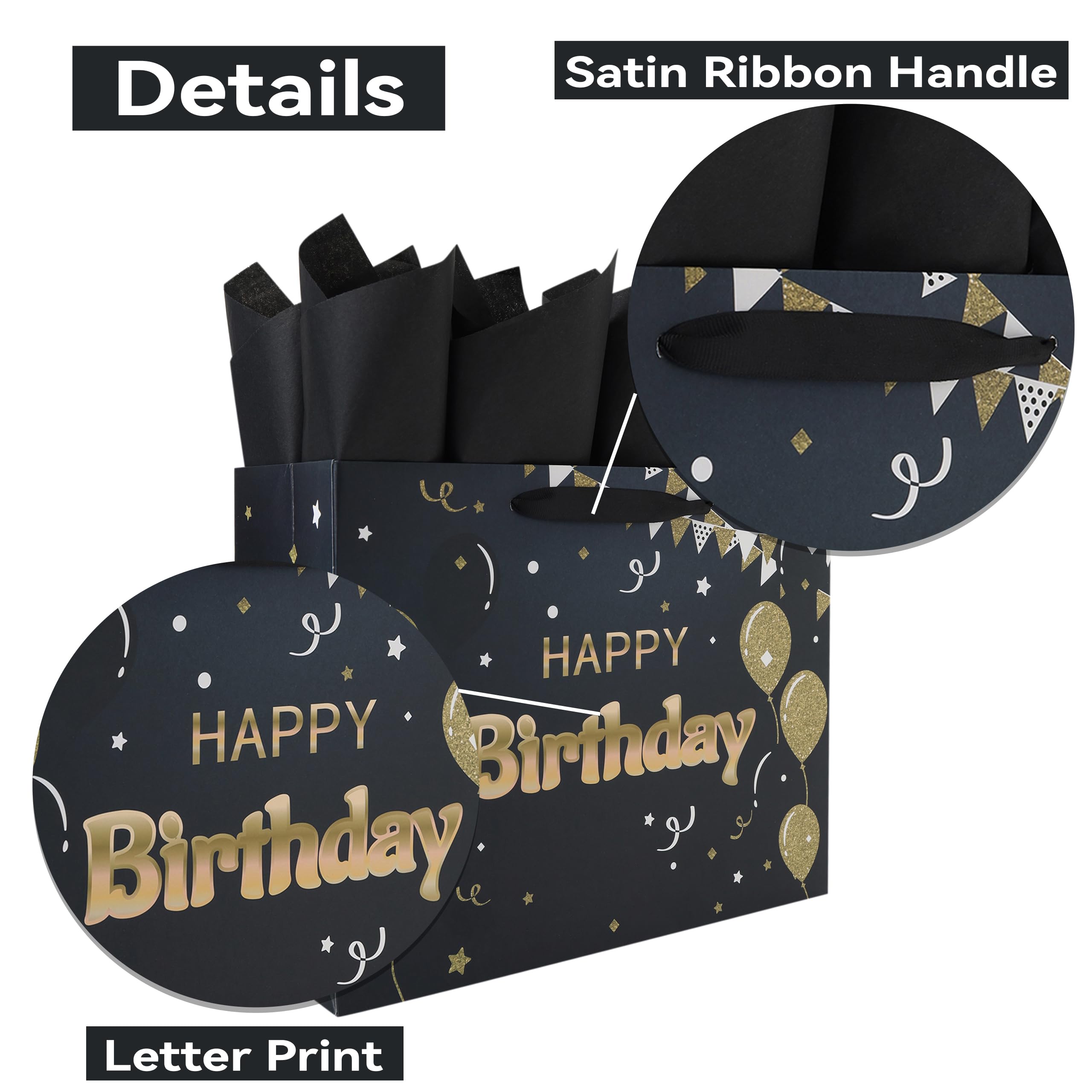 13” Large Black Happy Birthday Gift Bag Set with Handles, Greeting Card, Tissue Papers and Stickers for Women Girls Men Boys, Balloons Design, 1 Pcs