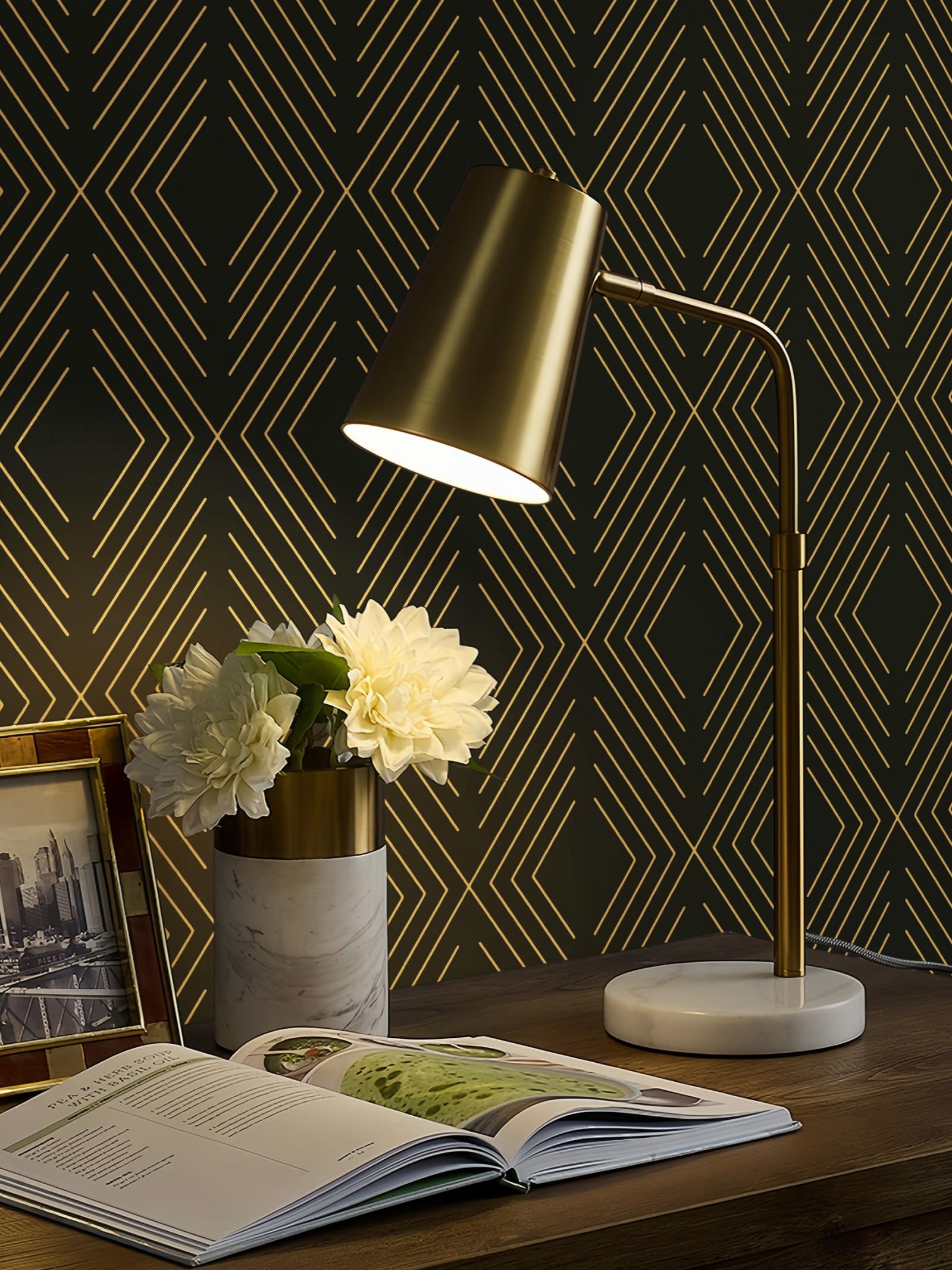 LiKiLiKi Geometric Peel and Stick Wallpaper Black and Gold Wallpaper Modern Contact Paper Boho Removable Self-Adhesive Decorative Wallpaper for Cabinets Bathroom Bedroom Kitchen Vinyl Roll 17.3”x118”