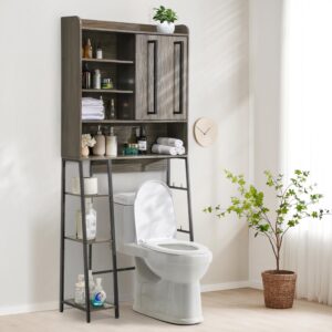 decofy over the toilet storage cabinet, over toilet bathroom organizer with sliding door, inner adjustable shelf & open storage shelfs, large capacity bathroom over toilet storage, gery