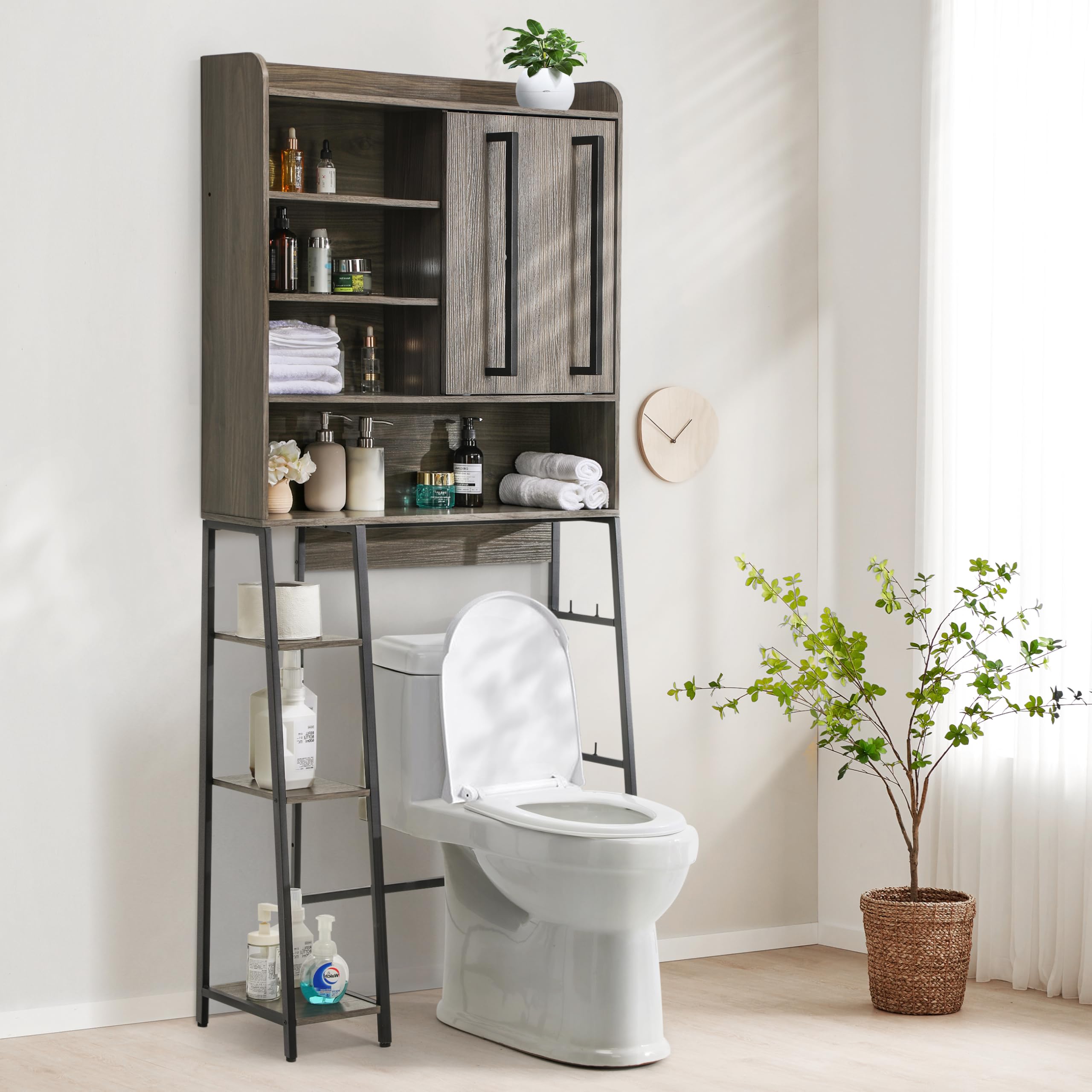 Decofy Over The Toilet Storage Cabinet, Over Toilet Bathroom Organizer with Sliding Door, Inner Adjustable Shelf & Open Storage Shelfs, Large Capacity Bathroom Over Toilet Storage, Gery