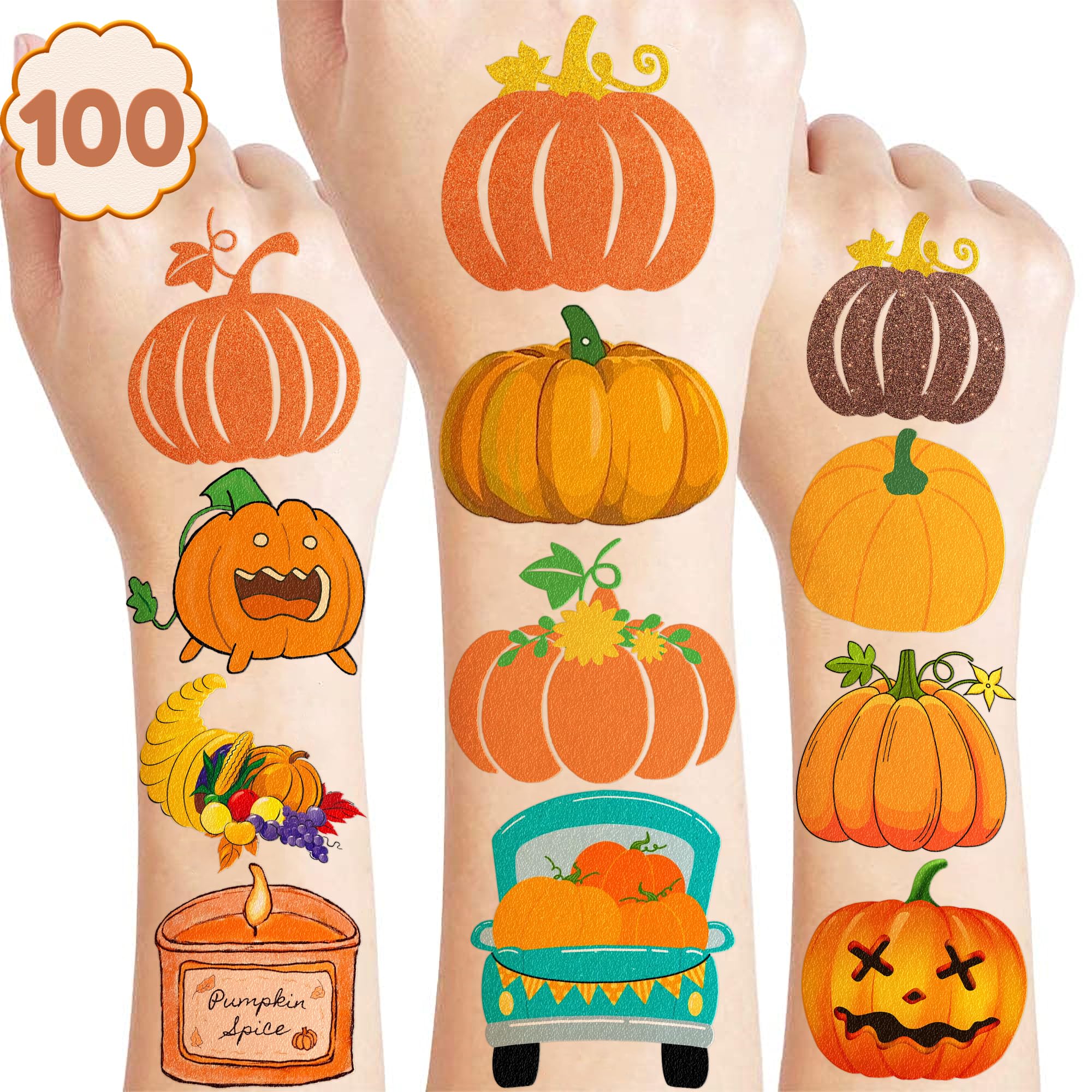 Cute Pumpkin Temporary Tattoos 10 Sheets 100 PCS Fall Pumpkin Party Decorations Favors Supplies Fall Theme Birthday Stickers Halloween Gifts for Boys Girls Kids Class School Prizes Carnival Christmas