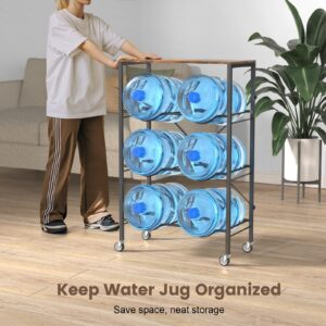 Housolution 3 Tier 5 Gallon Water Jug Holder 6-Tray Water Jug Rack with Top Shelf and 4 Wheels Heavy Duty Movable Water Jug Stand,5 Gallon Water Bottle Holder for Kitchen Office Living Room，Brown