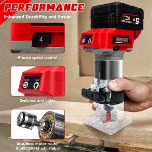 800W Cordless Wood Router Compatible With Milwaukee 18V Battery,30000RPM Brushless Motor Router Attach 15PCS 1/4" Router Bits,6 Speeds Hand Trim Router,Edge Guide,Roller Guide,(NO Battery)