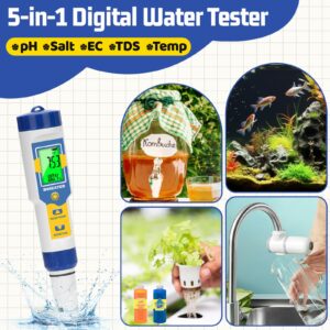 HOICATED Digital Salinity Tester for Saltwater Pool Salt Tester pH Meter for Swimming Pool Hot Tub Spa Koi Pond Aquarium PPM EC Meter for Hydroponic Nutrient TDS Meter for Drinking Water RO System