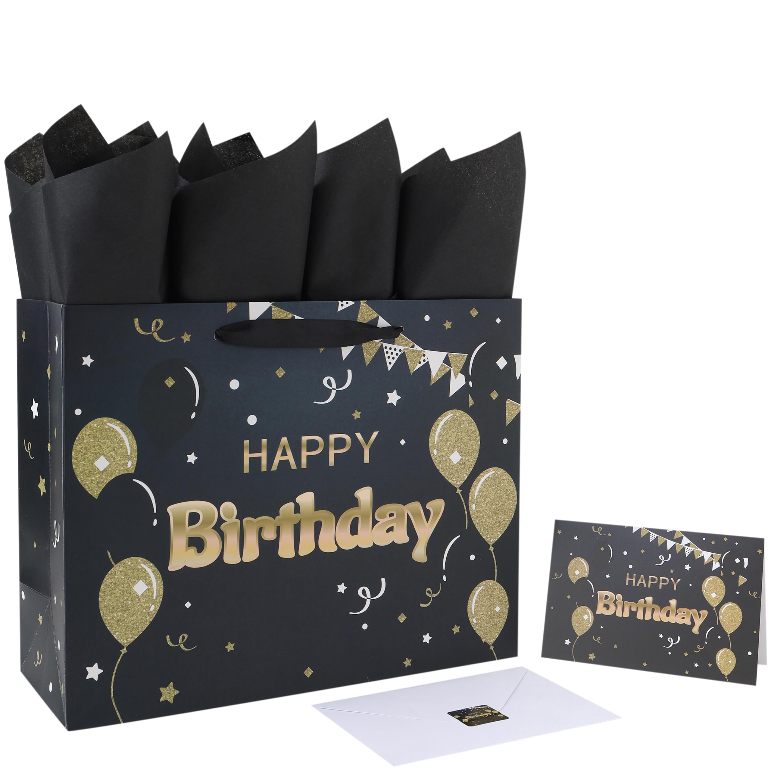 13” Large Black Happy Birthday Gift Bag Set with Handles, Greeting Card, Tissue Papers and Stickers for Women Girls Men Boys, Balloons Design, 1 Pcs