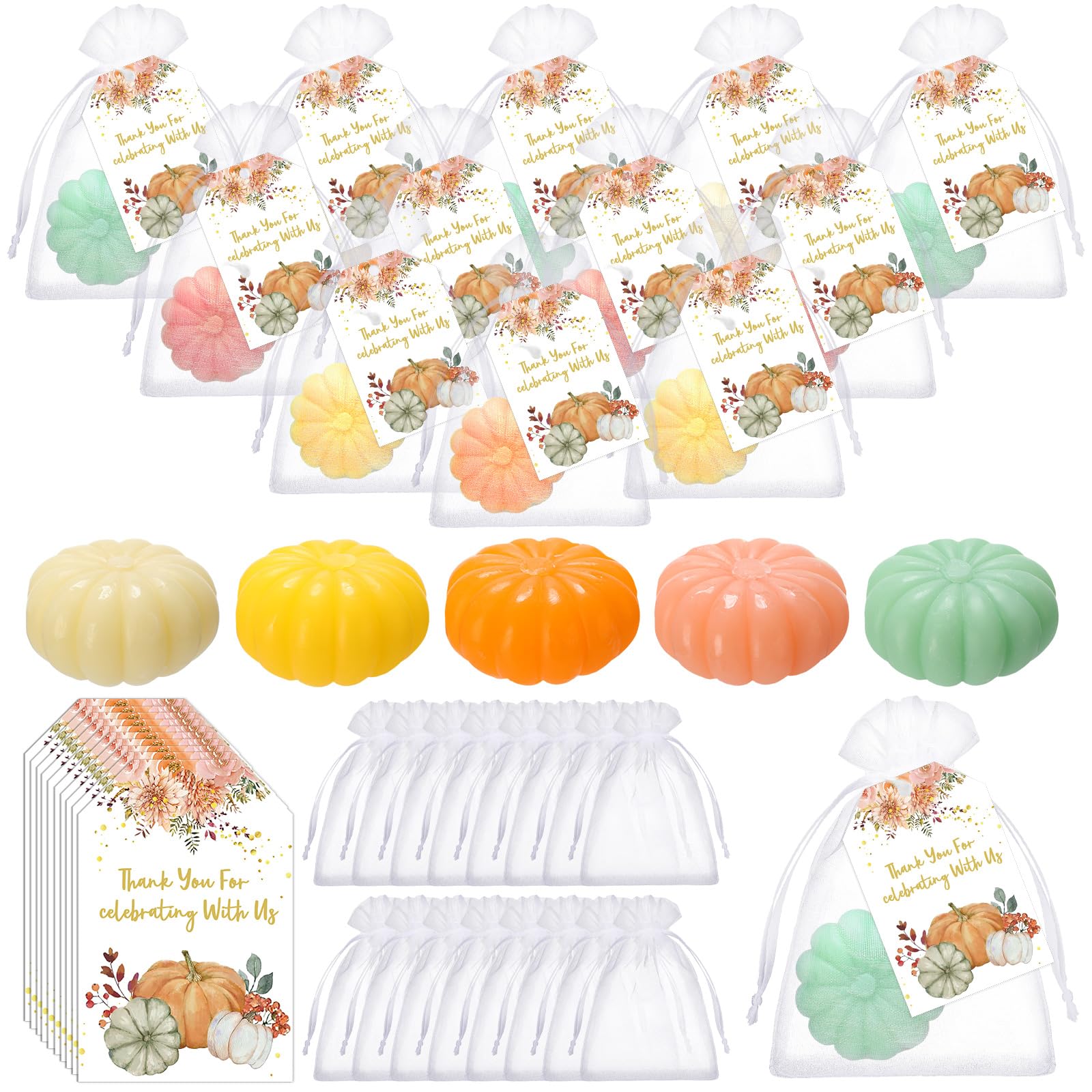 Leelosp 50 Set Thanksgiving Pumpkin Baby Shower Soap Favors Mini Pumpkin Baby Shower Favors Include Pumpkin Soap Thanks Cards Drawstring Gift Bags for Autumn Thanksgiving Day Party Decorations Gifts