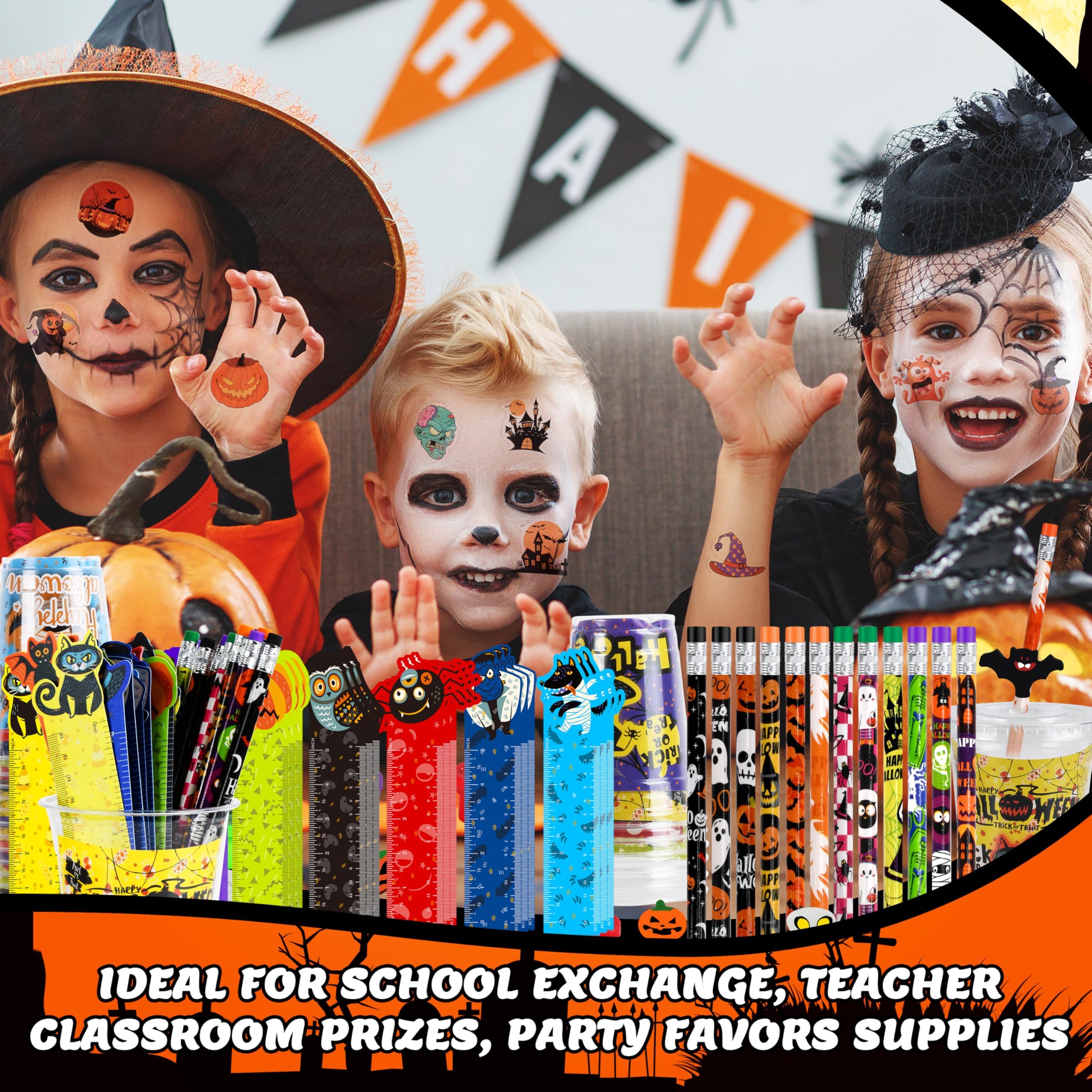 292 Pcs Halloween Party Favors, 24 Packs Stationery Supplies Set with Pencils Erasers Sharpeners Rulers Notepads Stampers Cups, Halloween Treats Goodie Bag Fillers for kids gifts, Classroom Prizes