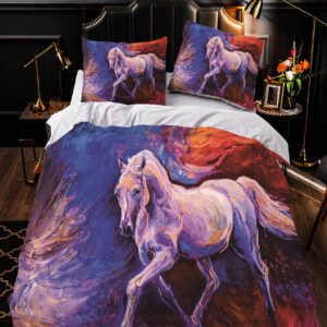 EIANLAI Horse Bed Duvet Cover Set, Wild Animal Themed Bed 3 Piece Duvet Cover Set for Kids, Teens, Boys, Girls Room Decor, includes 1 Duvet Cover and 2 Pillow Cases - Queen