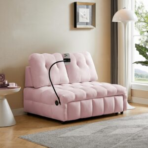 eckf 3 in 1 velvet loveseat pull-out sofa couch w/pullout bed, convertible sleeper sofa bed w/removable backrest, love seat lounge sofa w/have usb port and swivel phone stand for living room (pink)