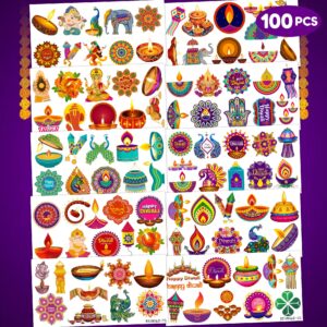 100 PCS Diwali Birthday Party Decorations Favors Supplies Temporary Tattoos Decor Happy Diwali Festival of Lights Candle Diya Lamp Stickers For Boys Girls Gift School Prizes Rewards