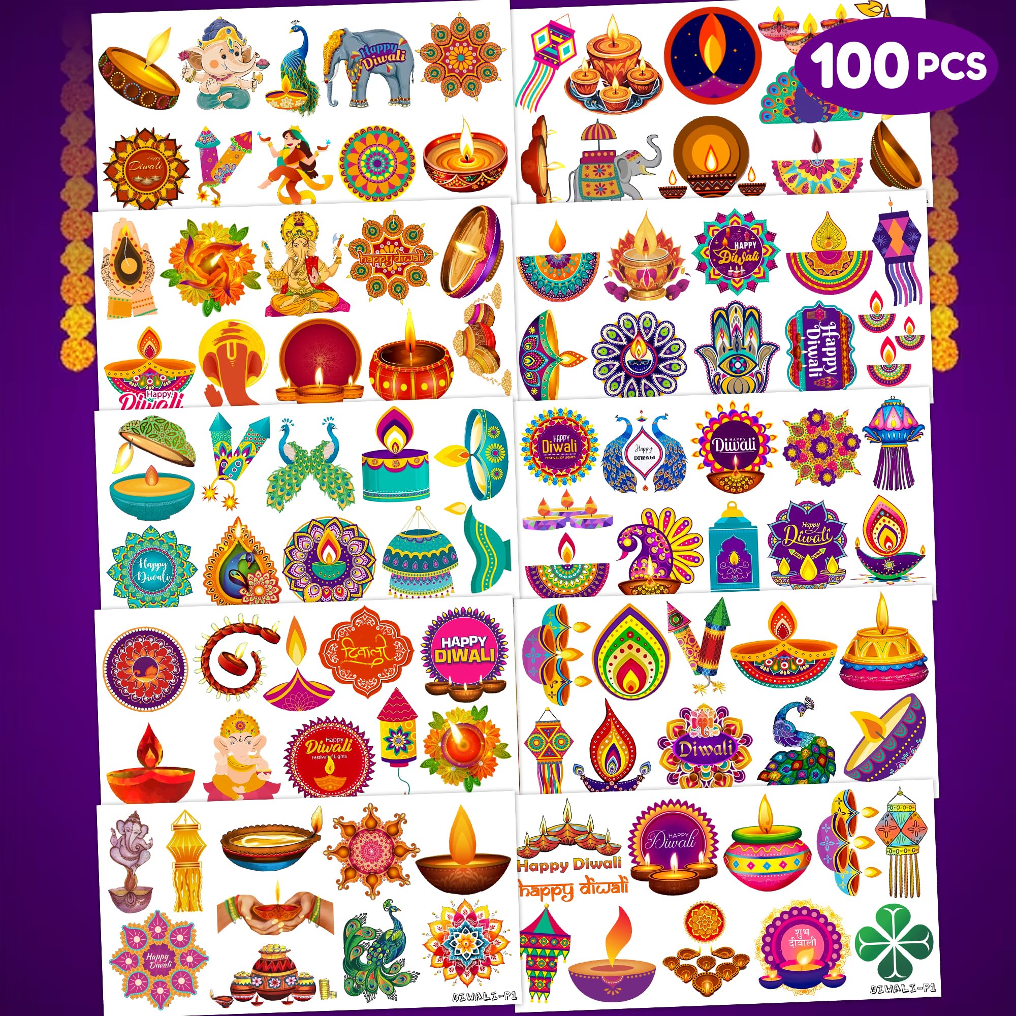 100 PCS Diwali Birthday Party Decorations Favors Supplies Temporary Tattoos Decor Happy Diwali Festival of Lights Candle Diya Lamp Stickers For Boys Girls Gift School Prizes Rewards