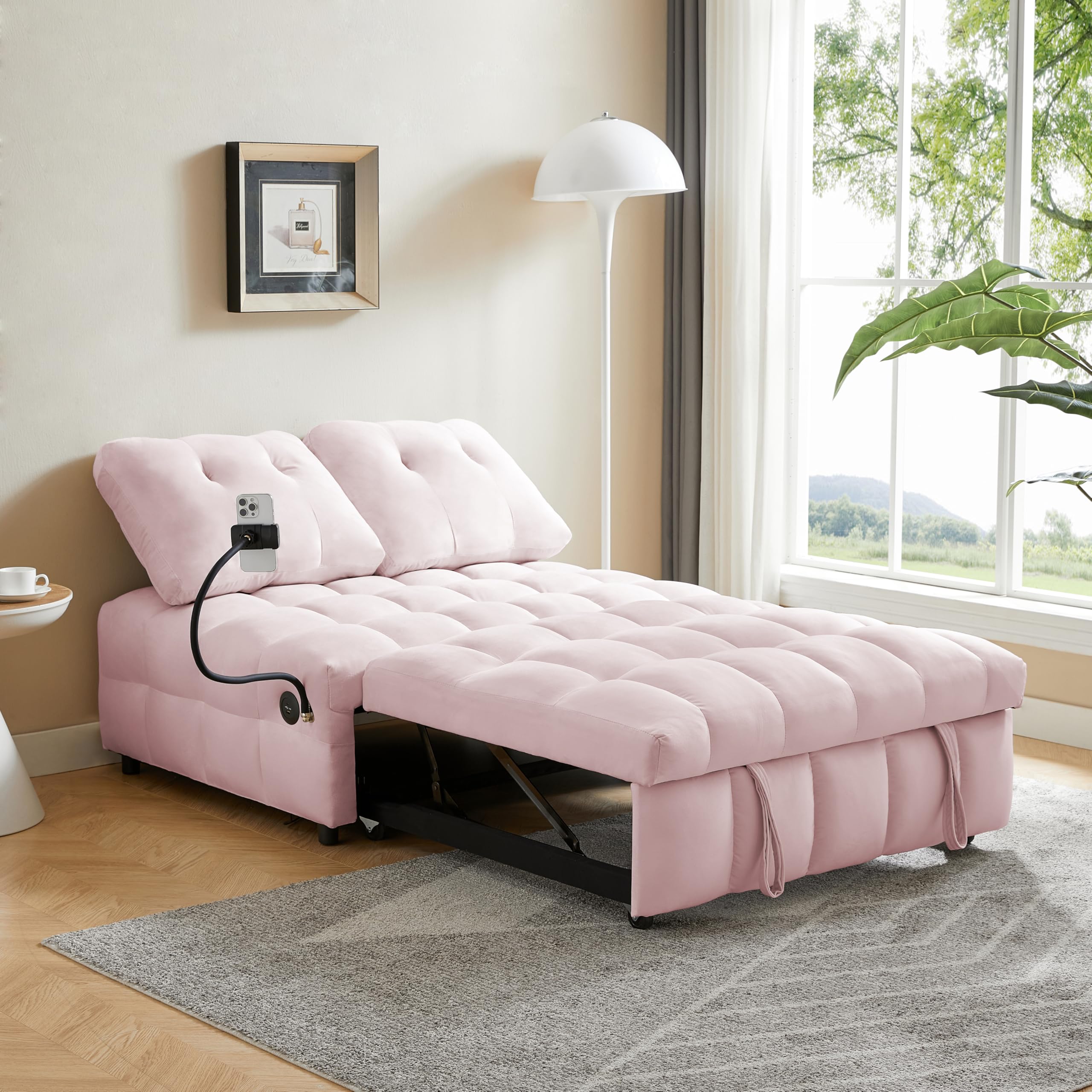 ECKF 3 in 1 Velvet Loveseat Pull-out Sofa Couch w/Pullout Bed, Convertible Sleeper Sofa Bed w/Removable Backrest, Love Seat Lounge Sofa w/Have USB Port and Swivel Phone Stand for Living Room (Pink)