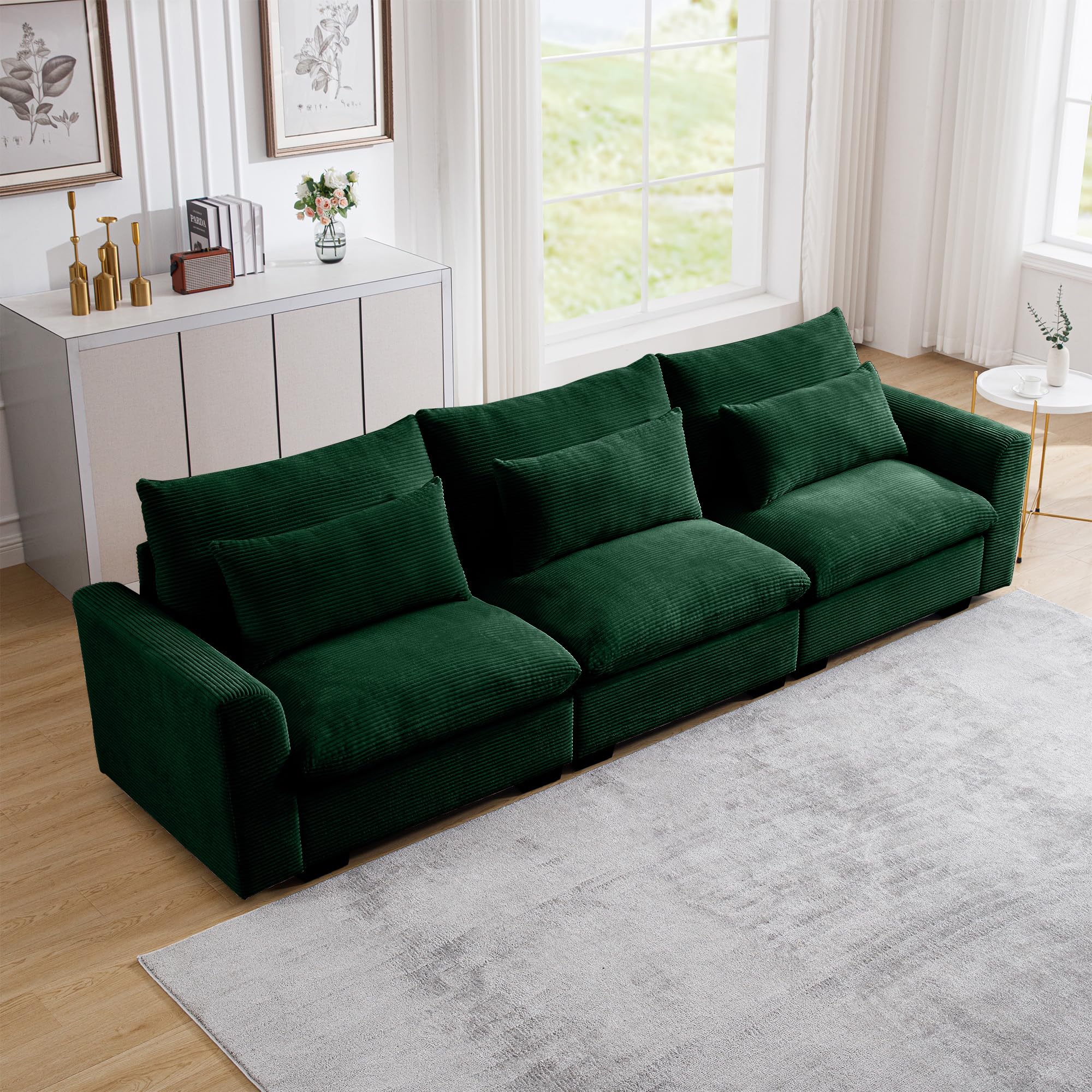 mikibama Modular Sectional Sofa, 122" Corduroy Deep Seat Upholstered Sofa, 3 Seater Comfy Cloud Couch with Waist Pillow for Living Room Office Apartment, Green