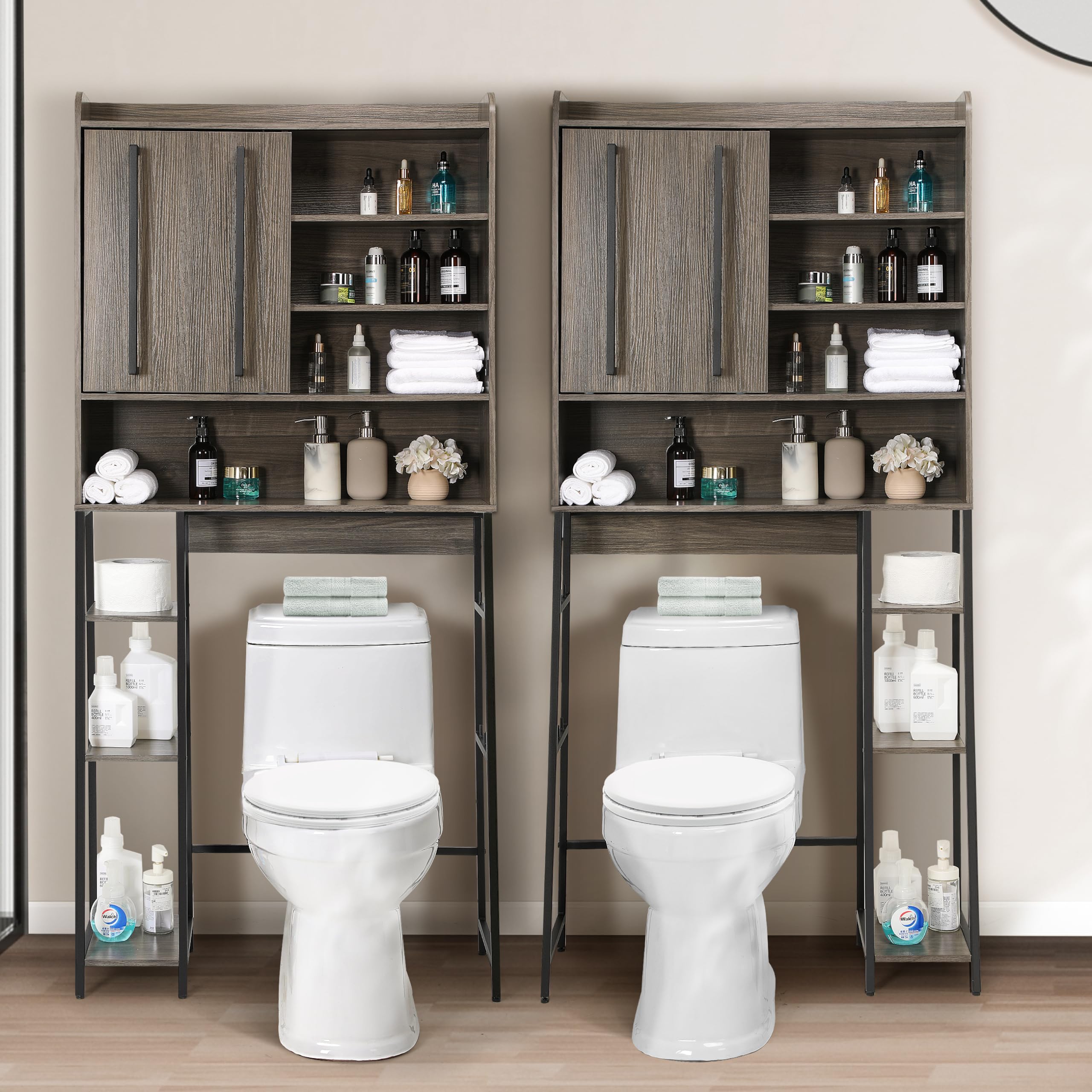 Decofy Over The Toilet Storage Cabinet, Over Toilet Bathroom Organizer with Sliding Door, Inner Adjustable Shelf & Open Storage Shelfs, Large Capacity Bathroom Over Toilet Storage, Gery